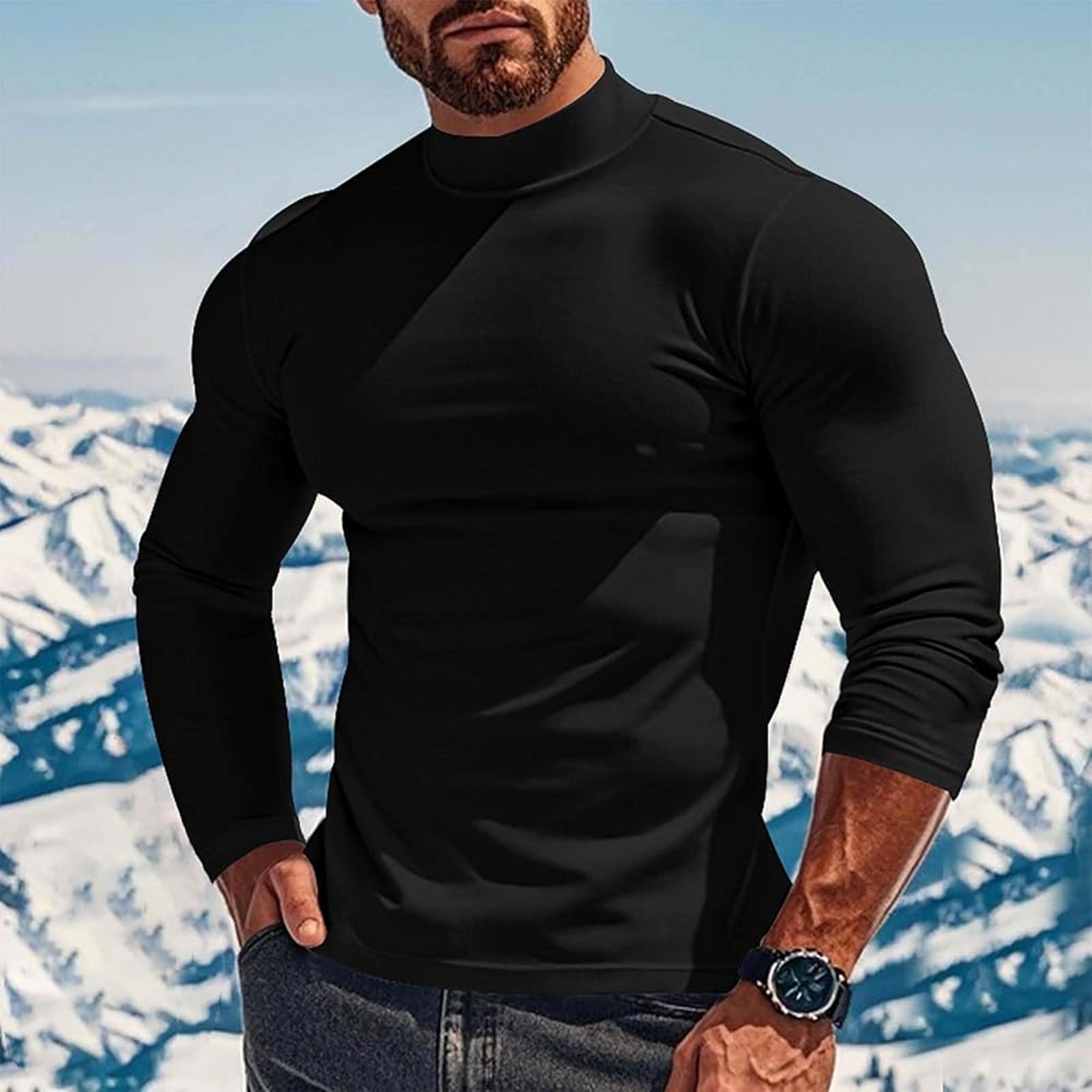 winter thermal shirt for men, thin base layer tights, high neck slim fit long sleeve t-shirt for autumn & winter