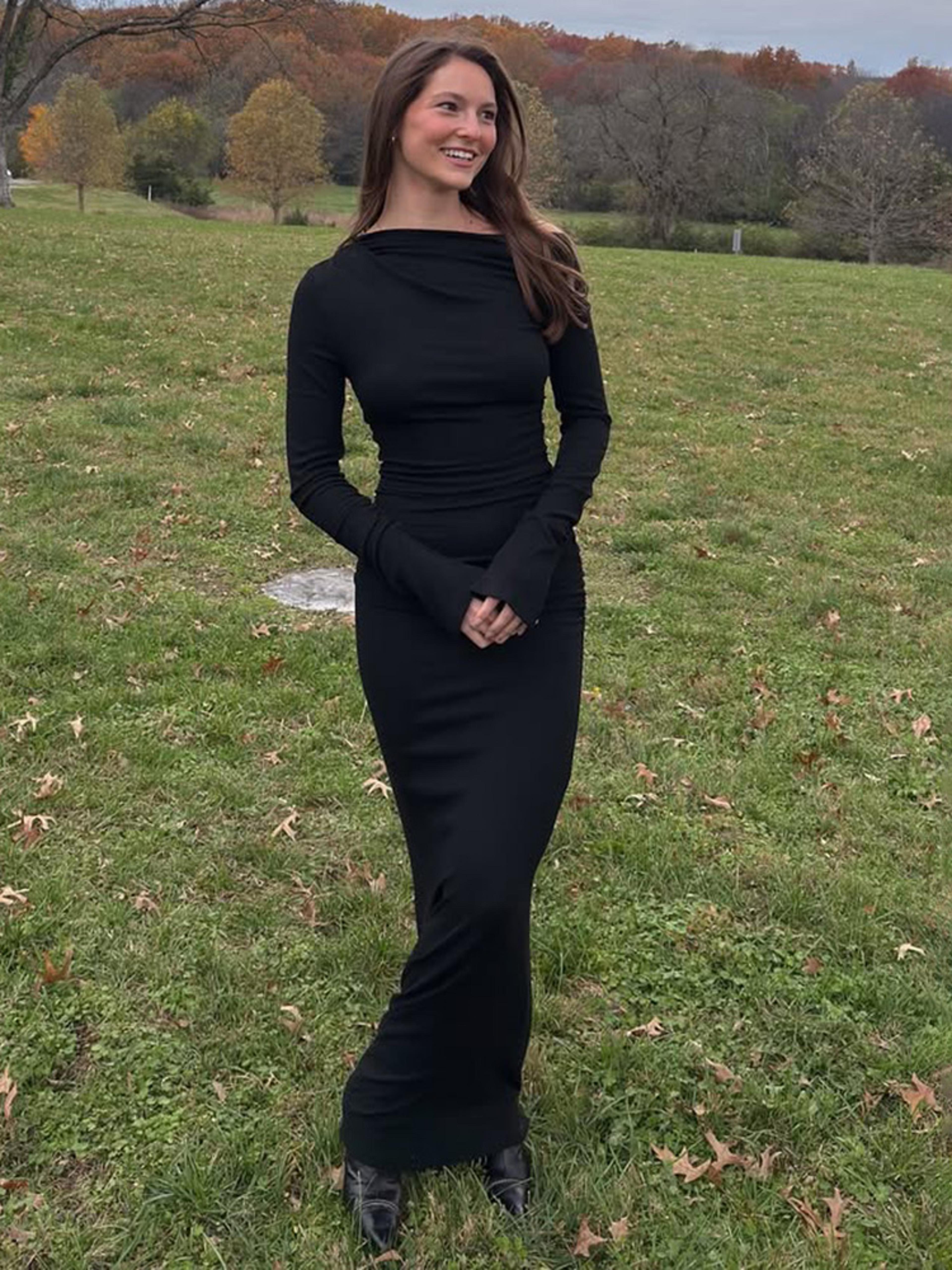 long sleeve black dress with white collar Journi Maxi Dress