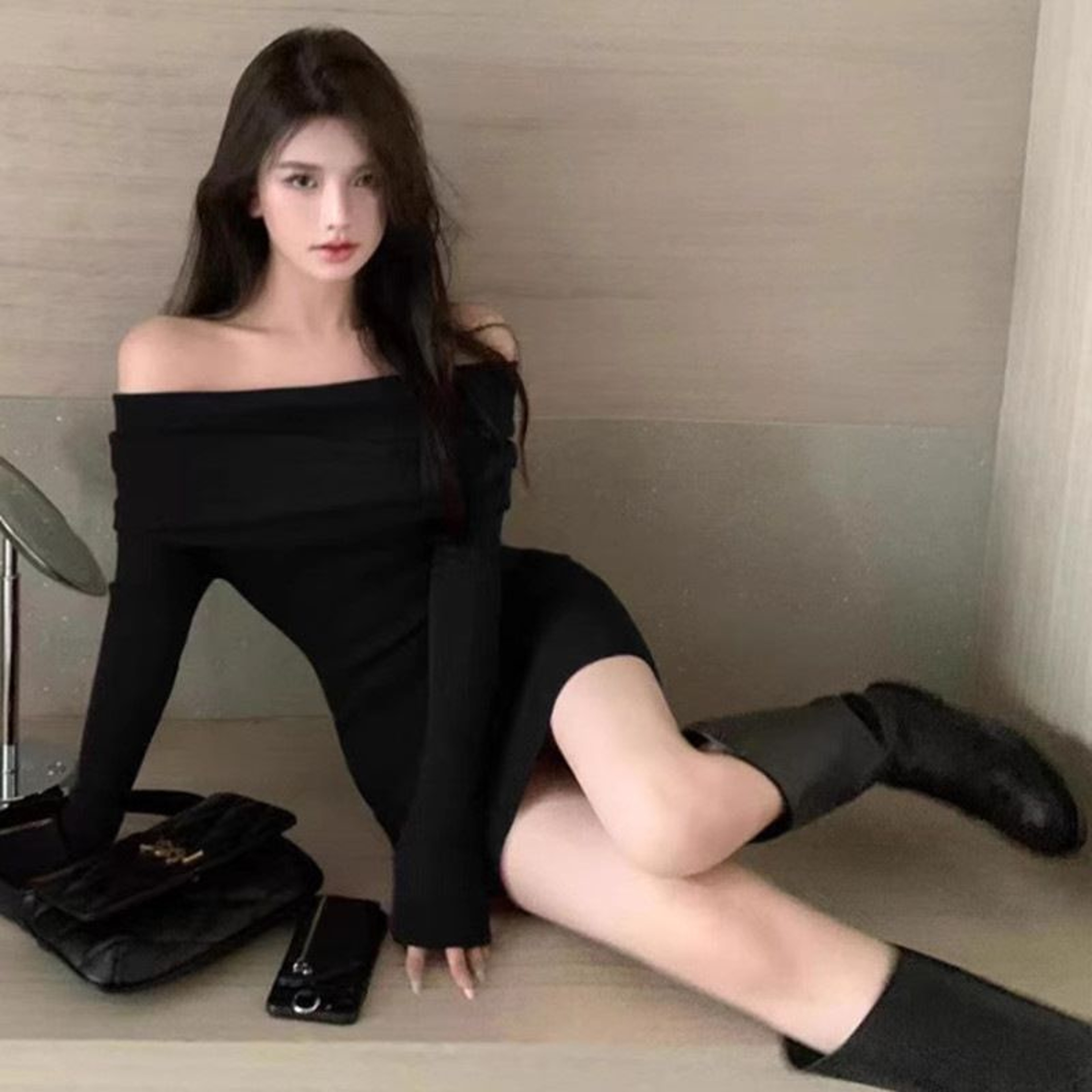 black off the shoulder mini dress long sleeve Princess Polly Parisa off the shoulder fine knit flare sleeve mini dress in black
