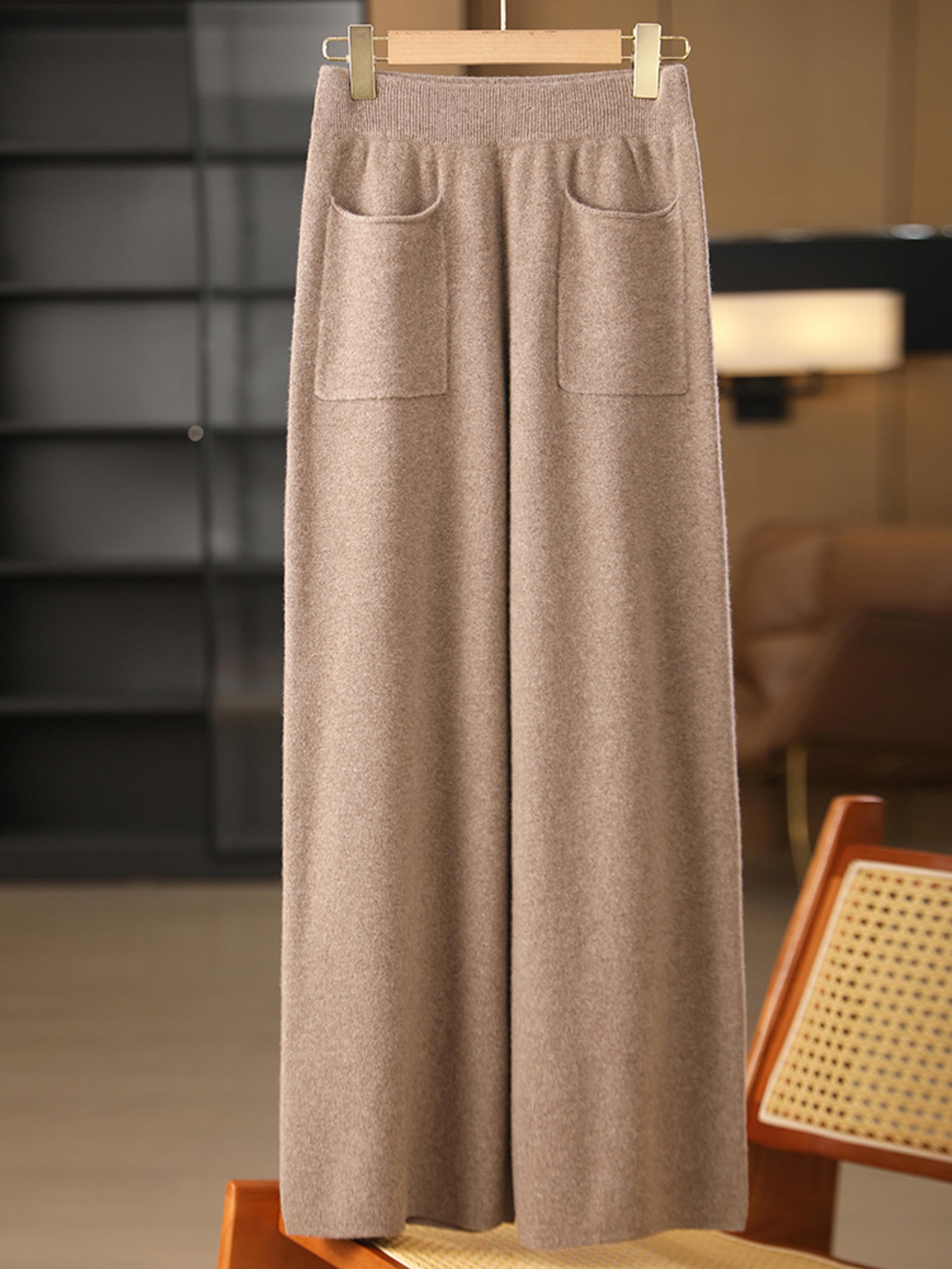 wool knitted wide-leg pants women autumn winter pockets, soft warm comfortable, casual loose fashion bottoms