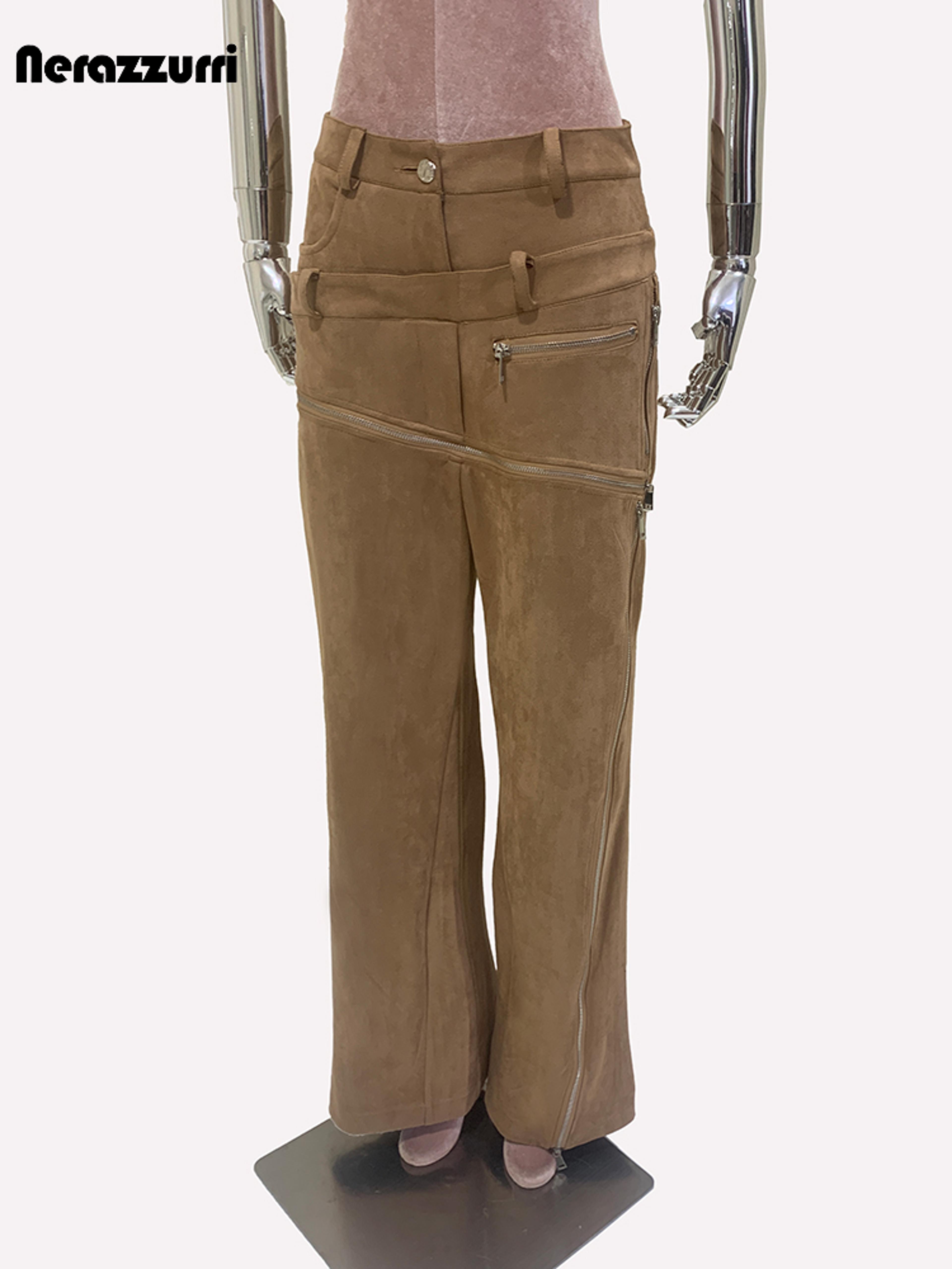luxury designer european clothes, spring double waisted long khaki stretchy suede faux leather pants with zipper style