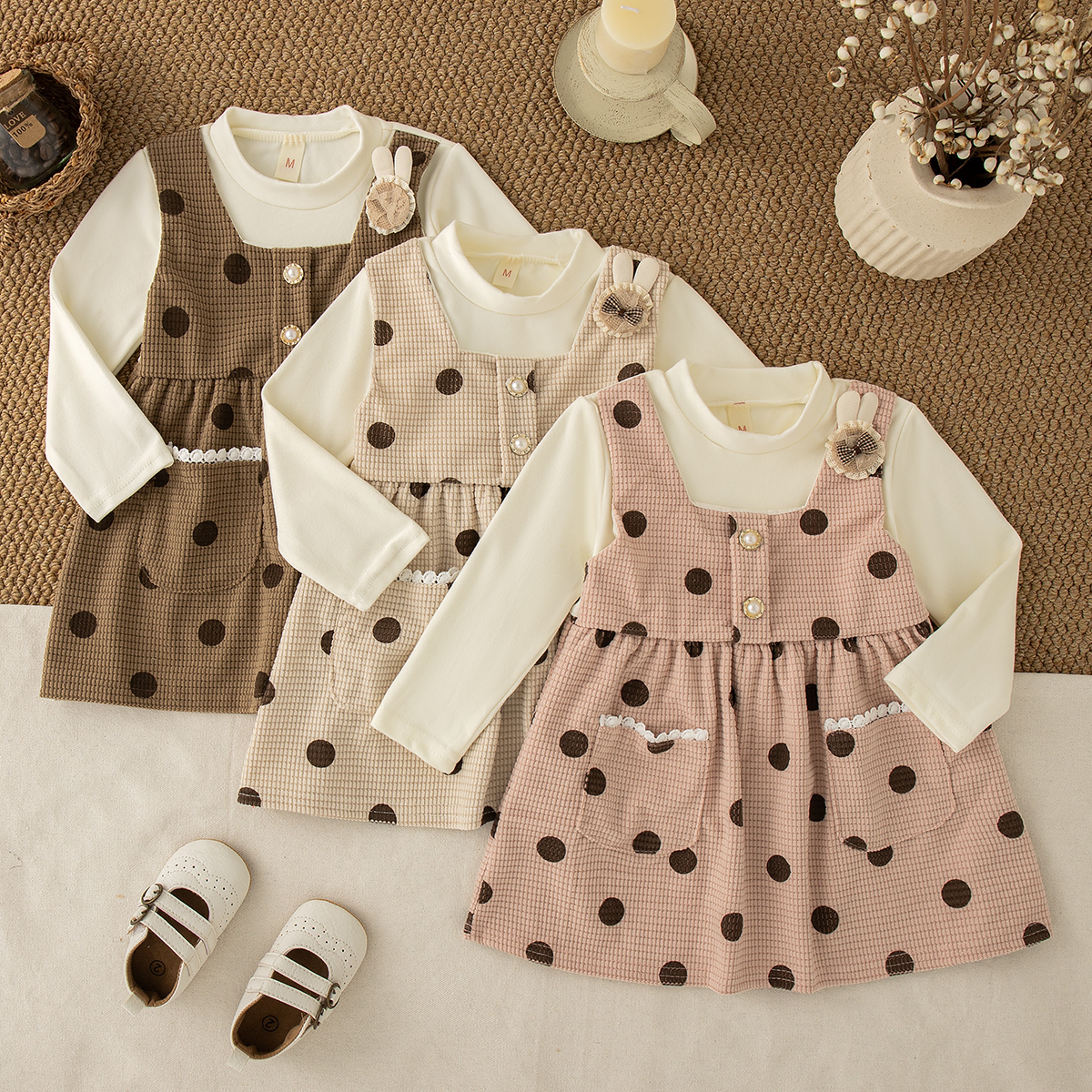 what are some cute fall dresses for baby girls Autumn New Baby Girl Dress Cute Polka Dot Well Long Sleeve, Imitation 2 Pieces Dress Girls Daily Casual Wear - Brown l(12 18m)