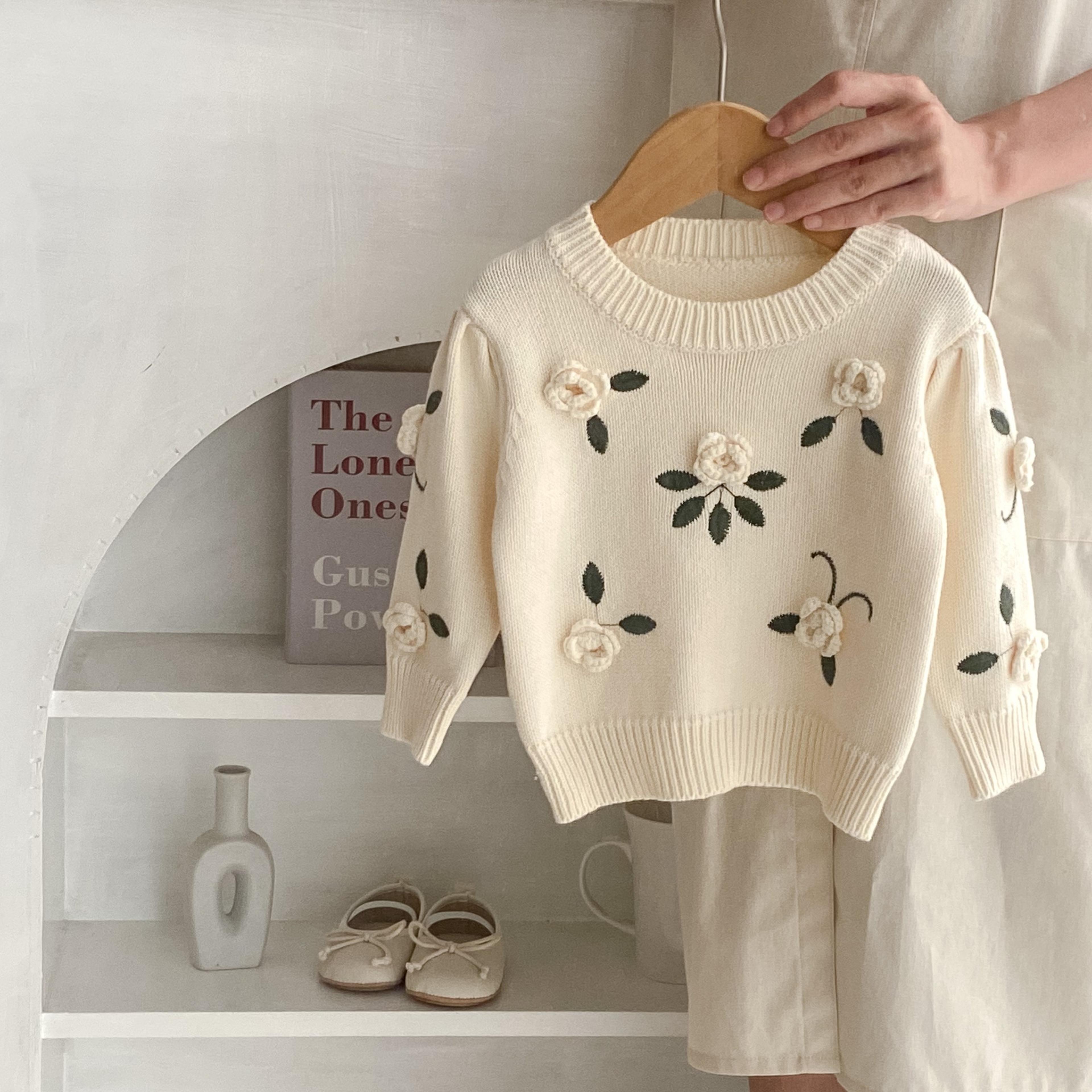 knitted handmade flower infant girls sweater autumn baby girls sweater cotton embroidery pullover, cozy toddler girls