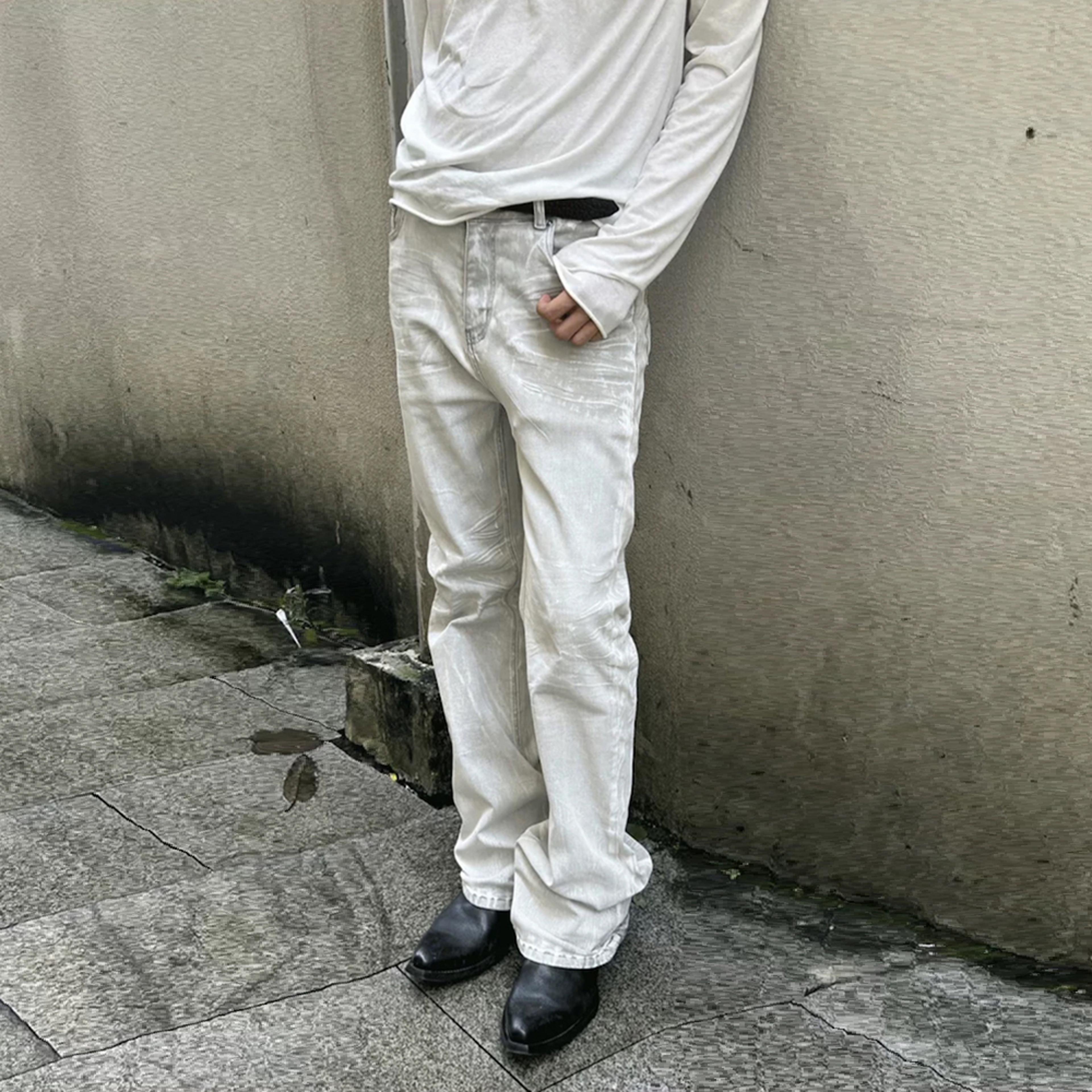 white gray high street stripe coating men washed denim flare jeans vintage bootcut y2k slim fit casual fashion