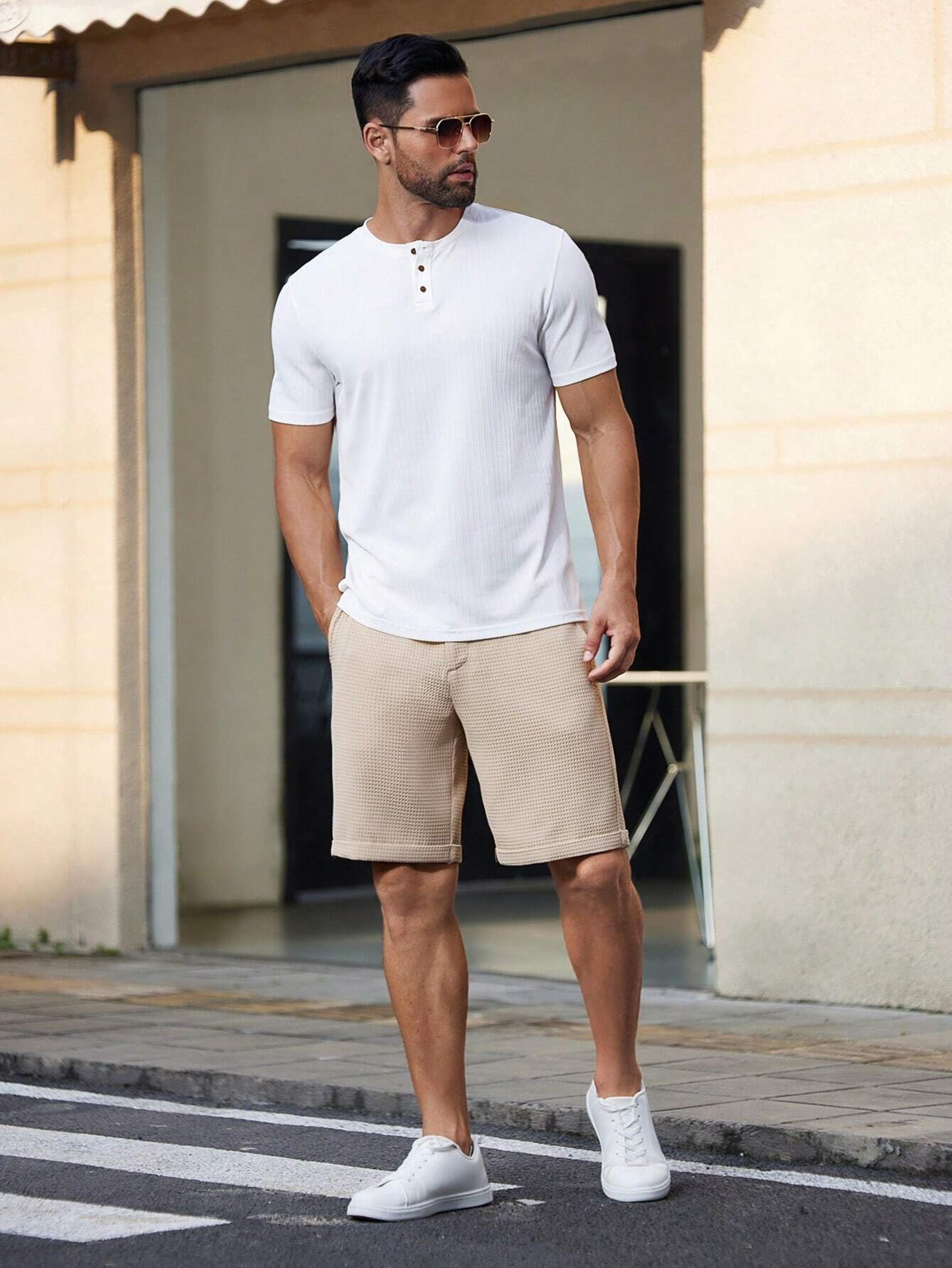 men's waffle texture slim fit shorts – casual summer beach shorts with button waist & pockets