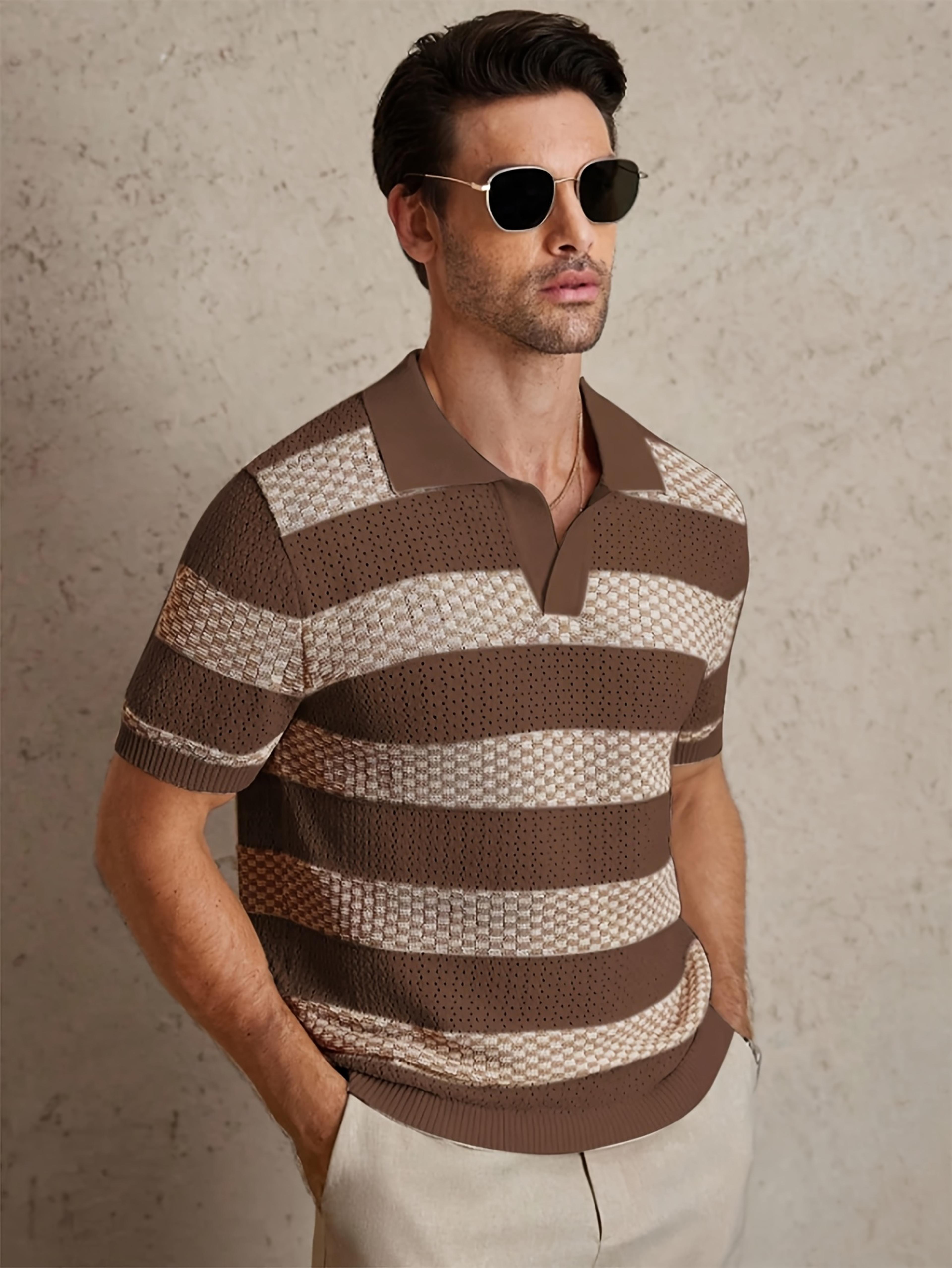 men's knitted polo shirt vintage striped breathable summer pullover