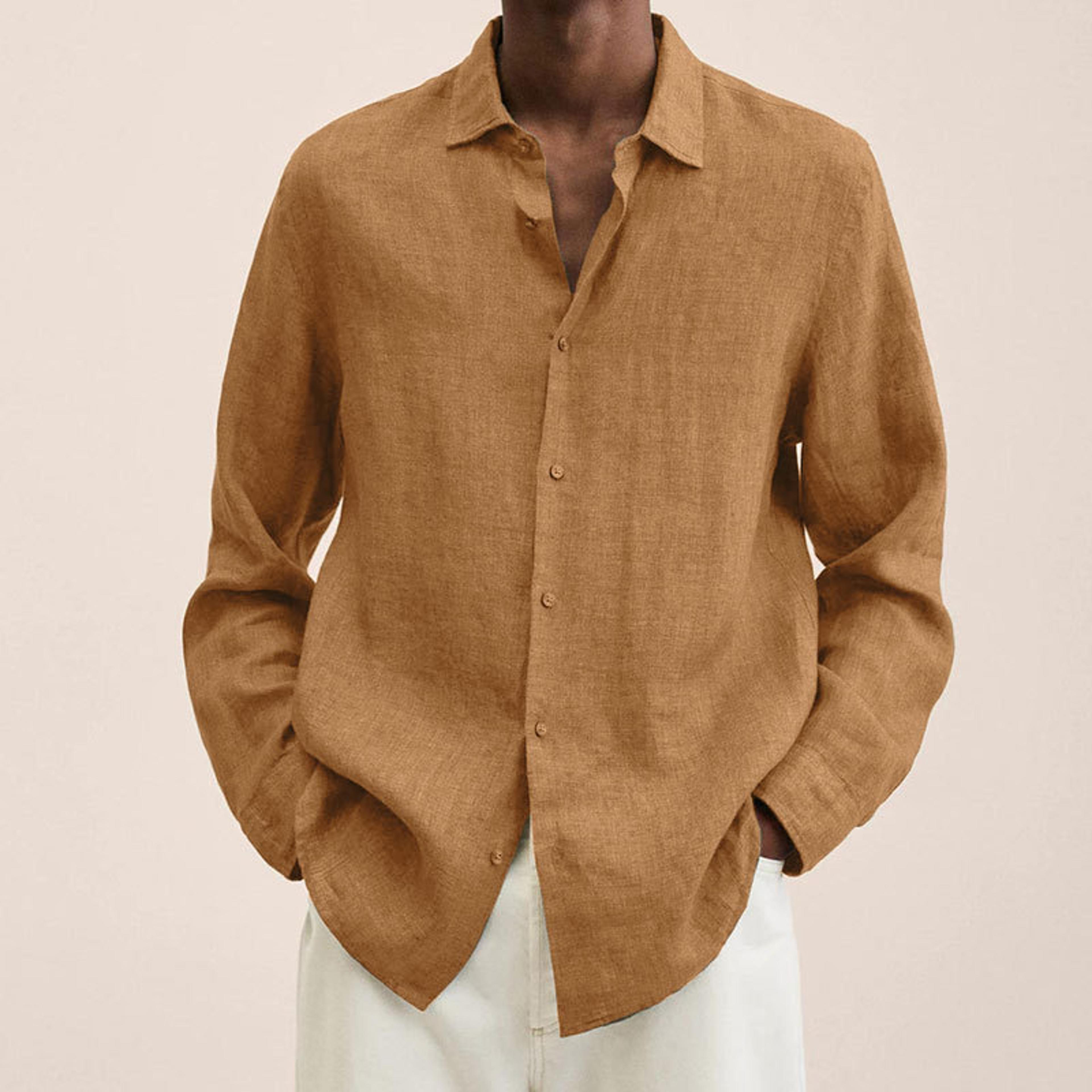 classic men's casual linen shirt breathable loose fit summer button down