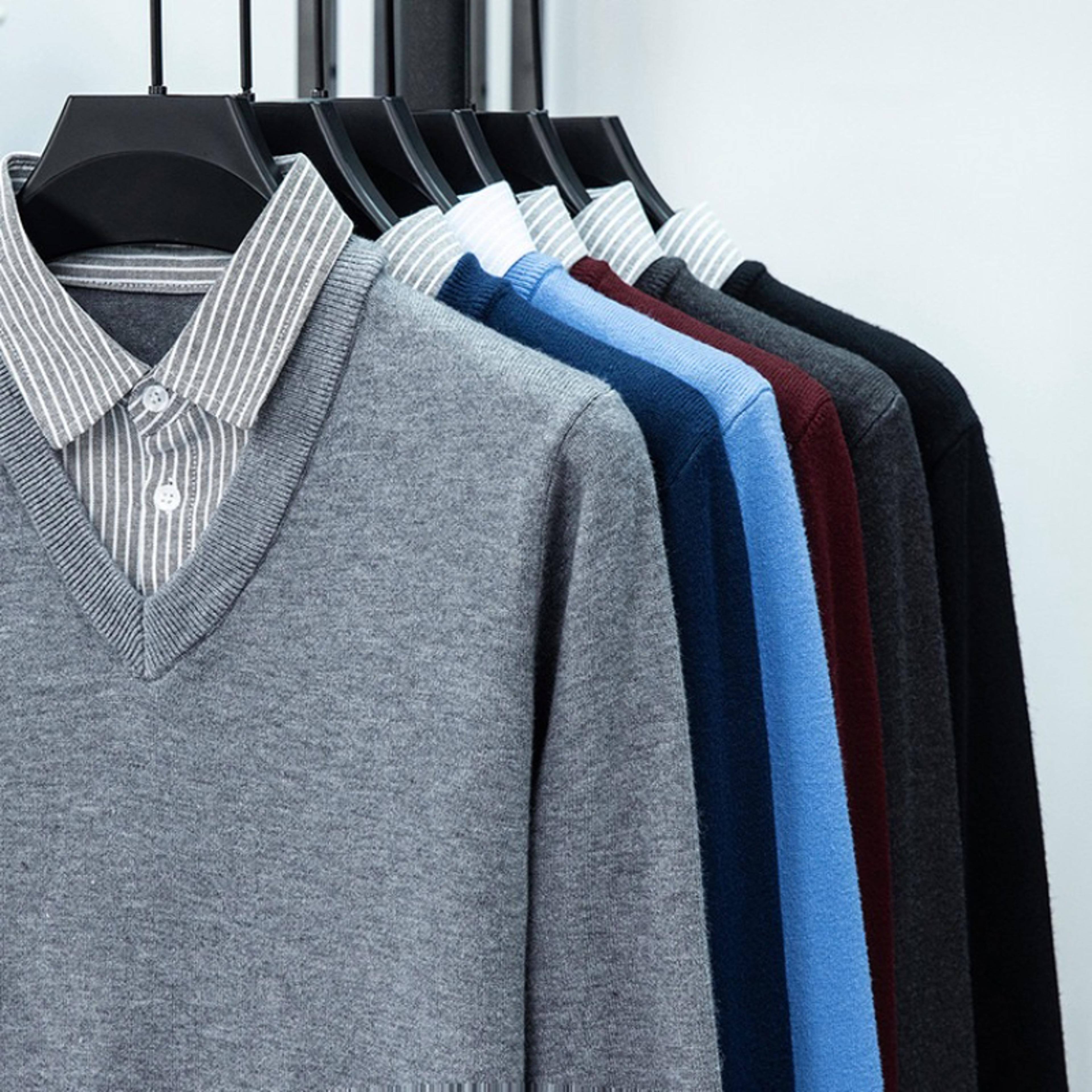 men's faux two piece shirt collar knit sweater premium stretch slim fit business casual pullover
