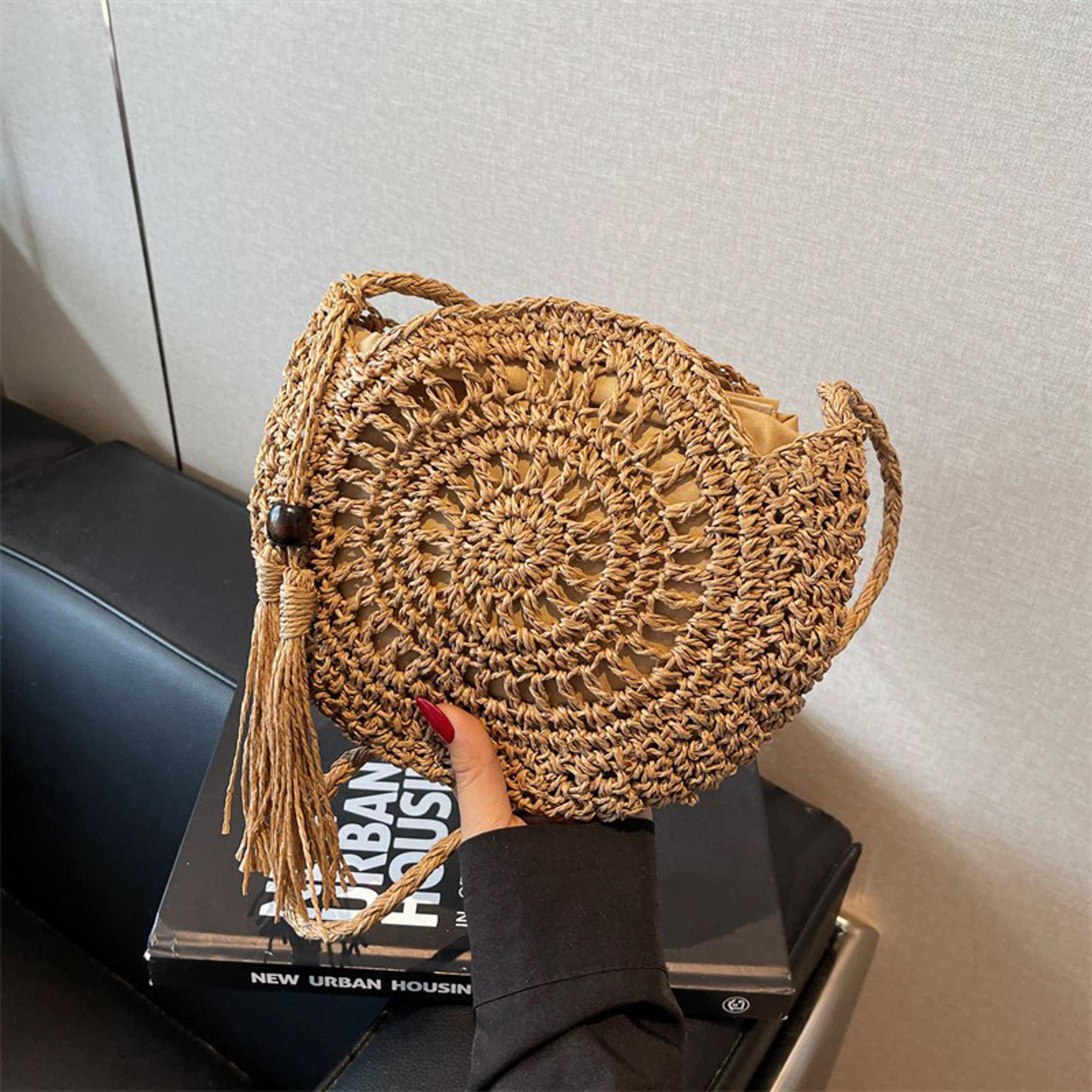 handmade round straw crossbody bag with tassels