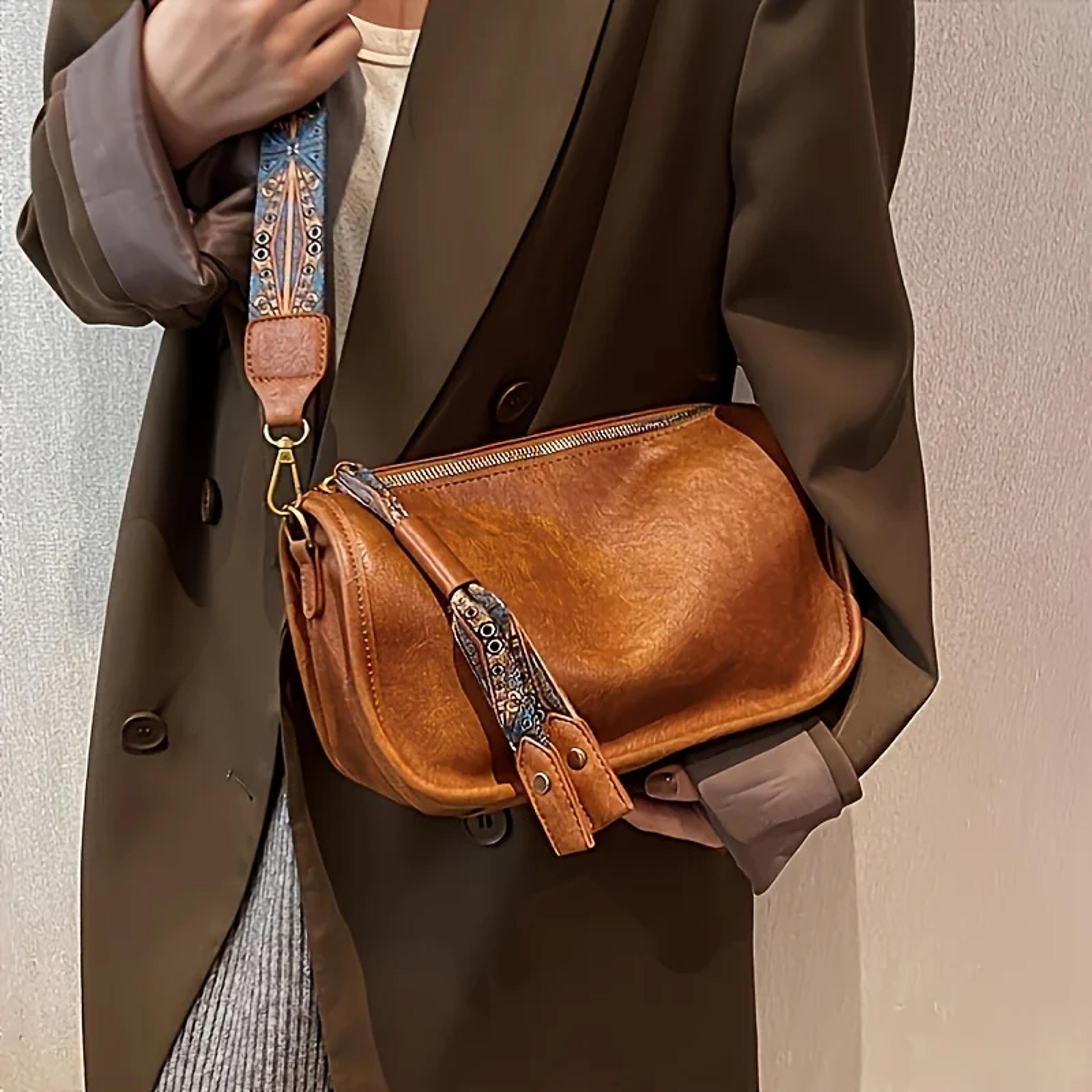 graphic pattern leather crossbody bag - wide strap shoulder bag & large capacity hobo purse for women