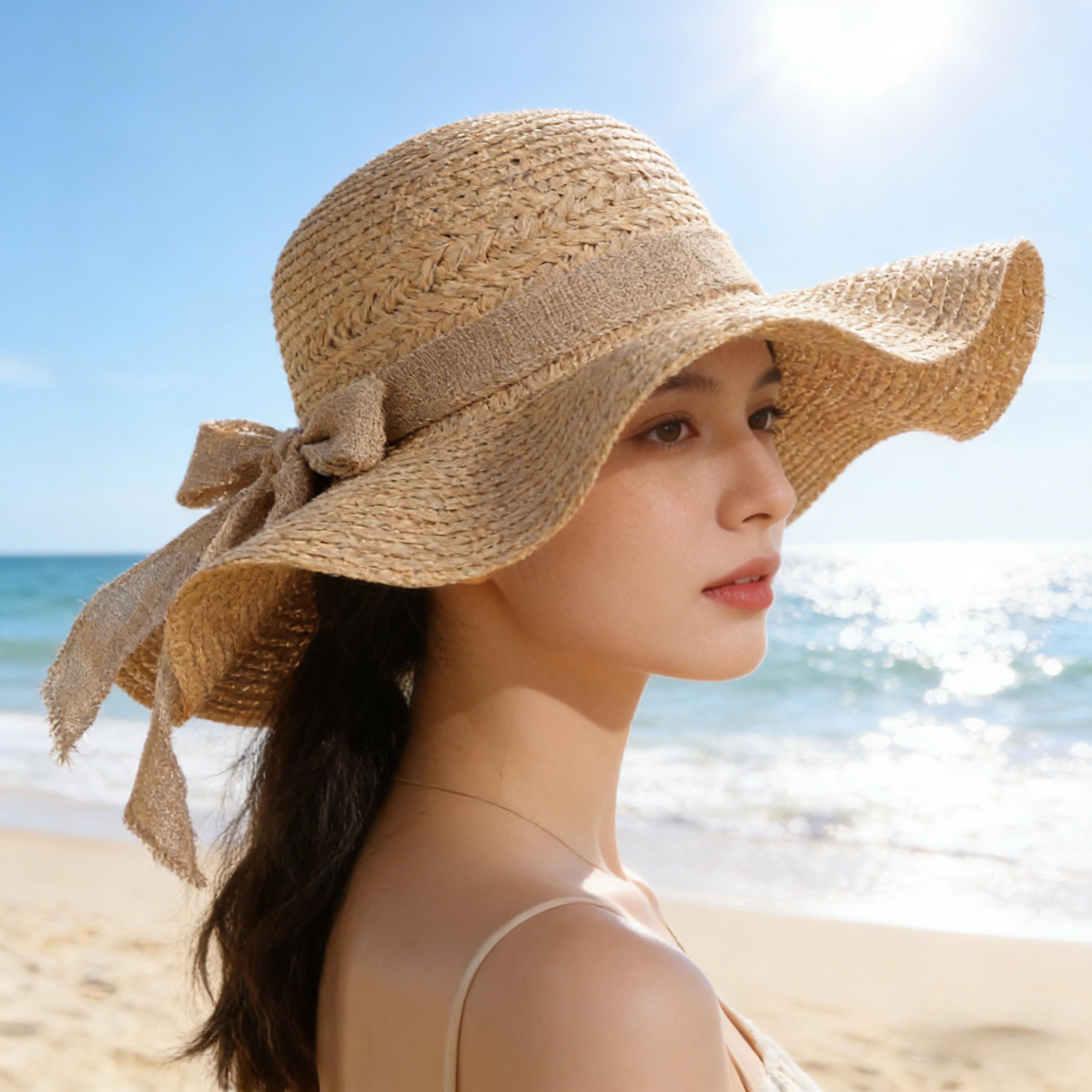 women's wide brim straw beach hat with bow accent elegant oversized summer sun protection