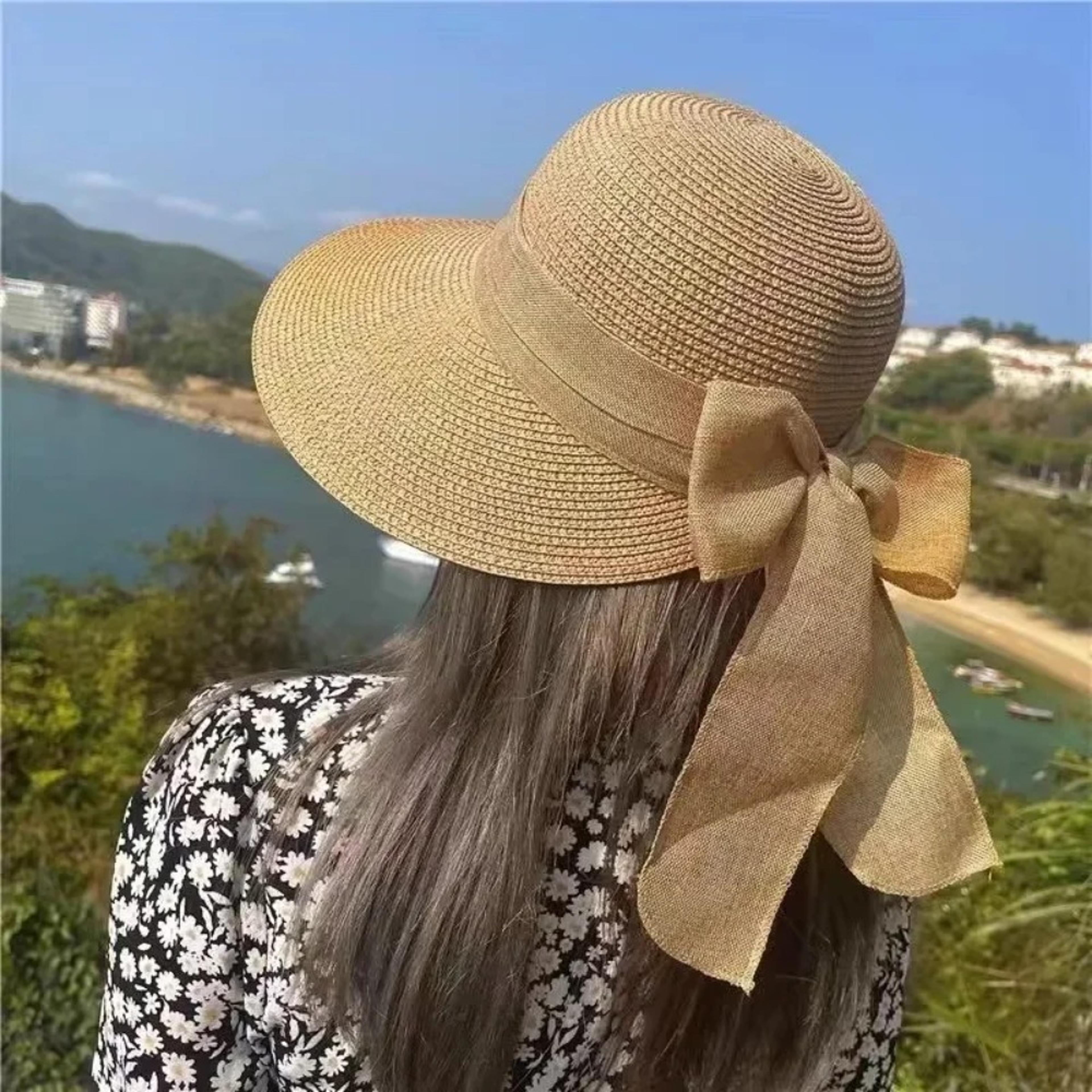 elegant wide brim straw hat – korean style summer sun hat with chic bow tie for beach vacation