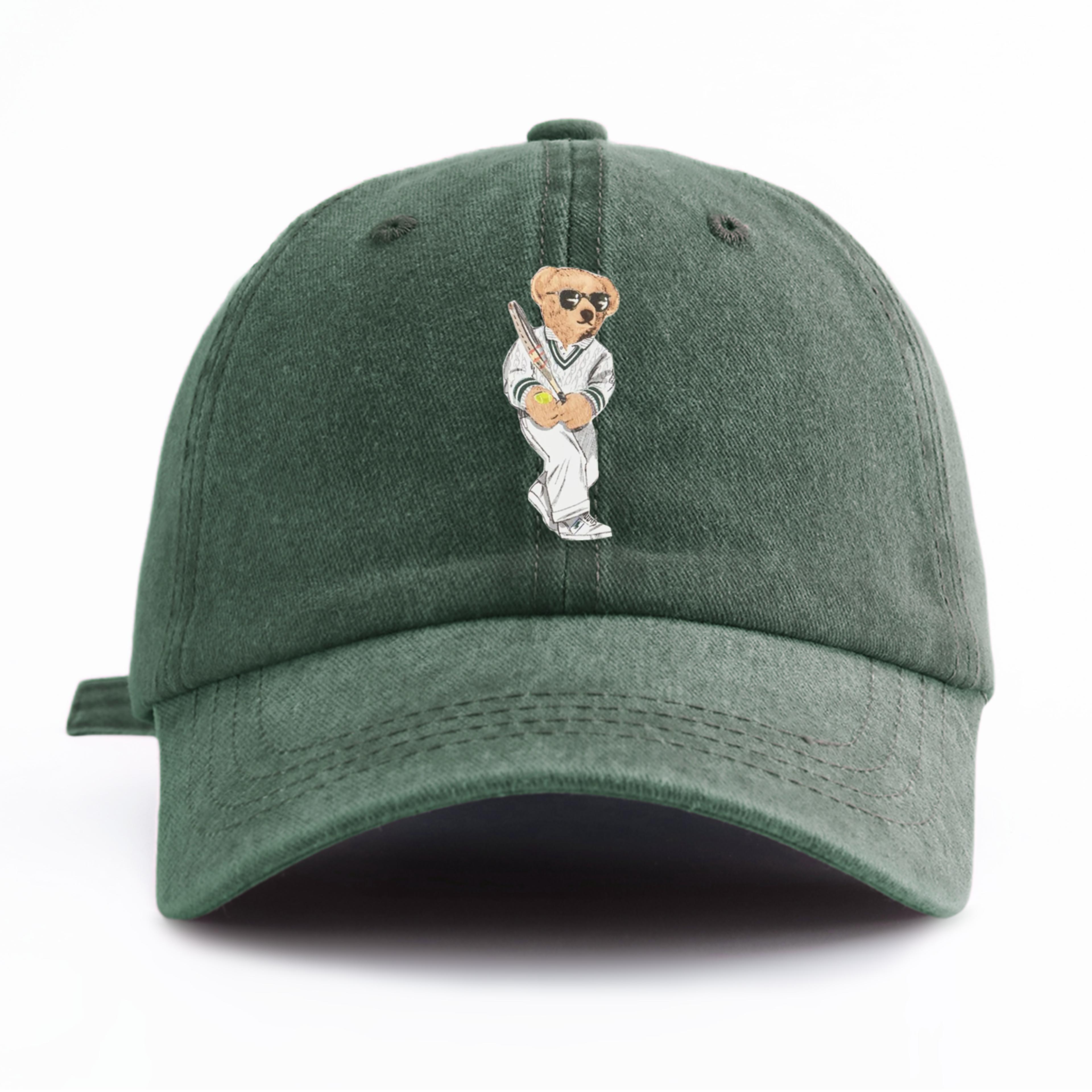 retro bear print washed cotton baseball cap adjustable minimalist dad hat