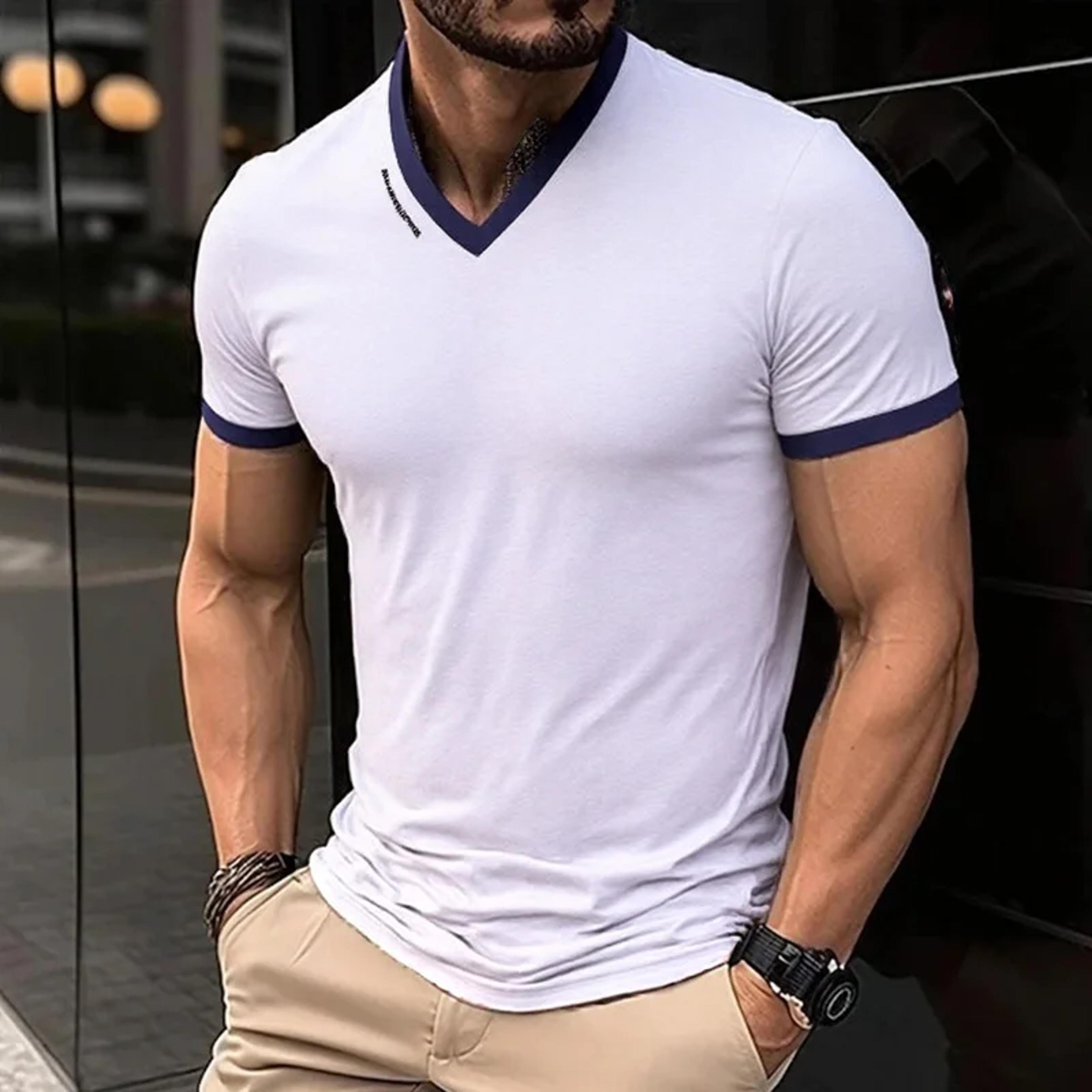 men's casual v neck t shirt summer letter print versatile short sleeve top