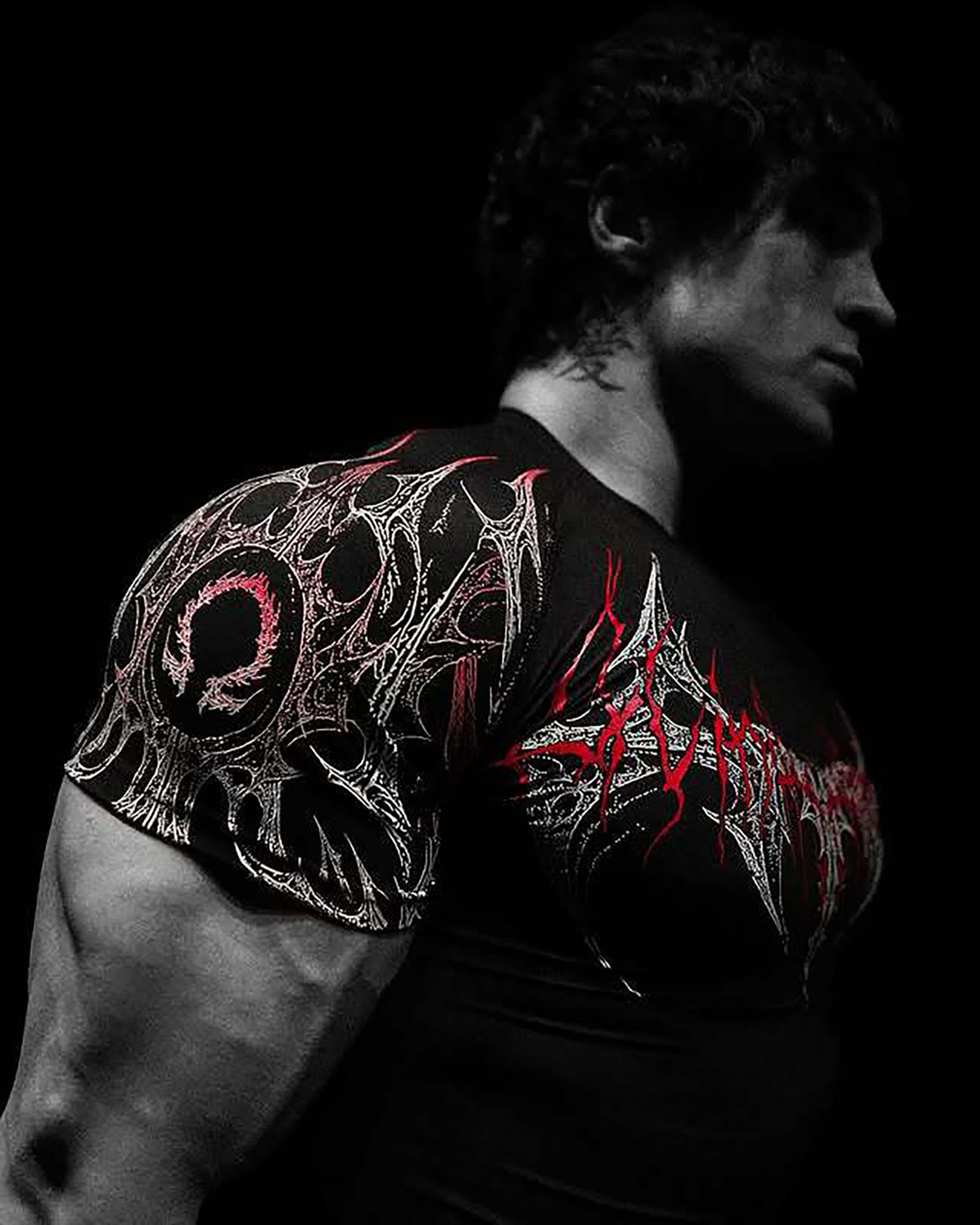 men's gothic print muscle tee high elasticity gym workout shirt
