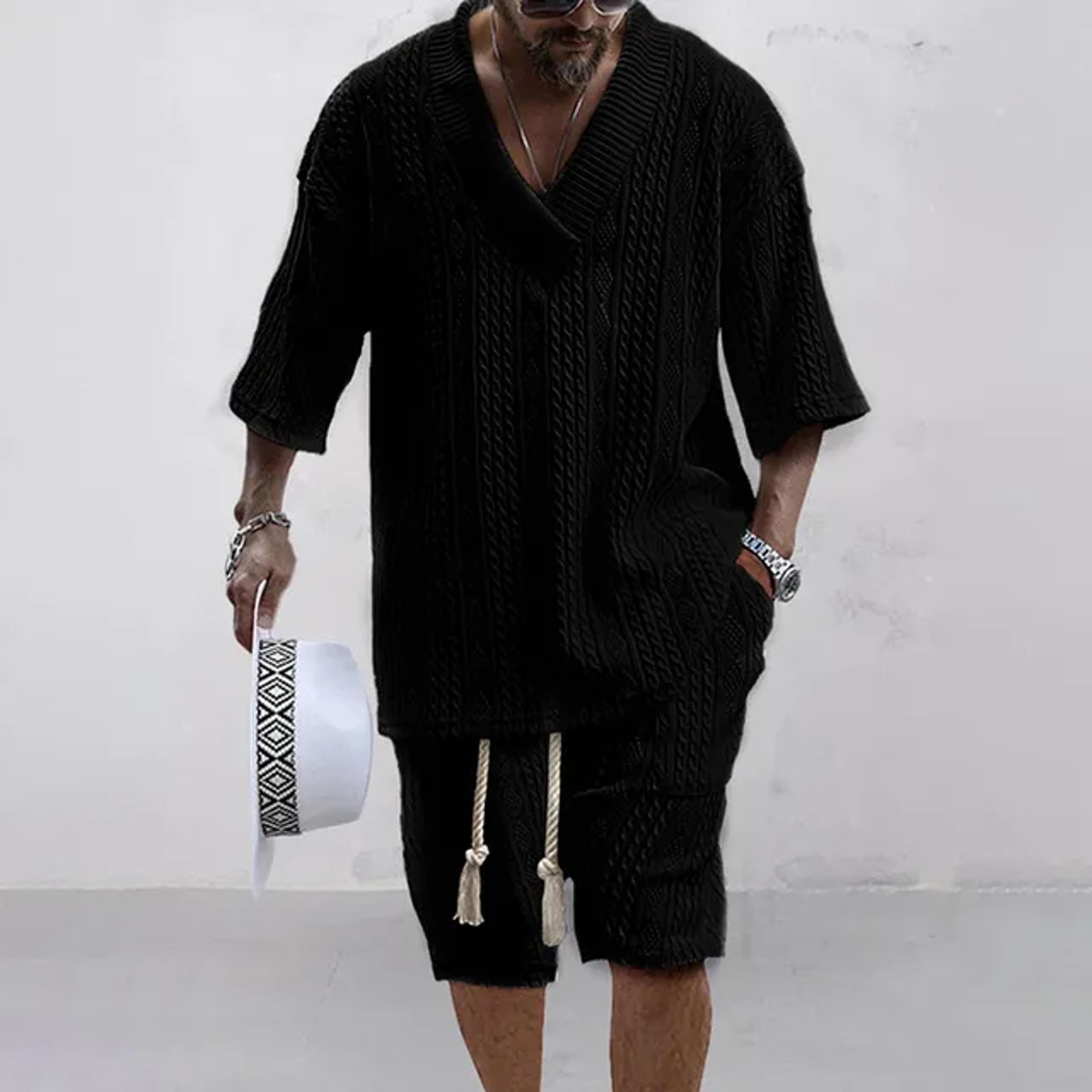 men's knit two piece set casual short sleeve v neck shirt & shorts