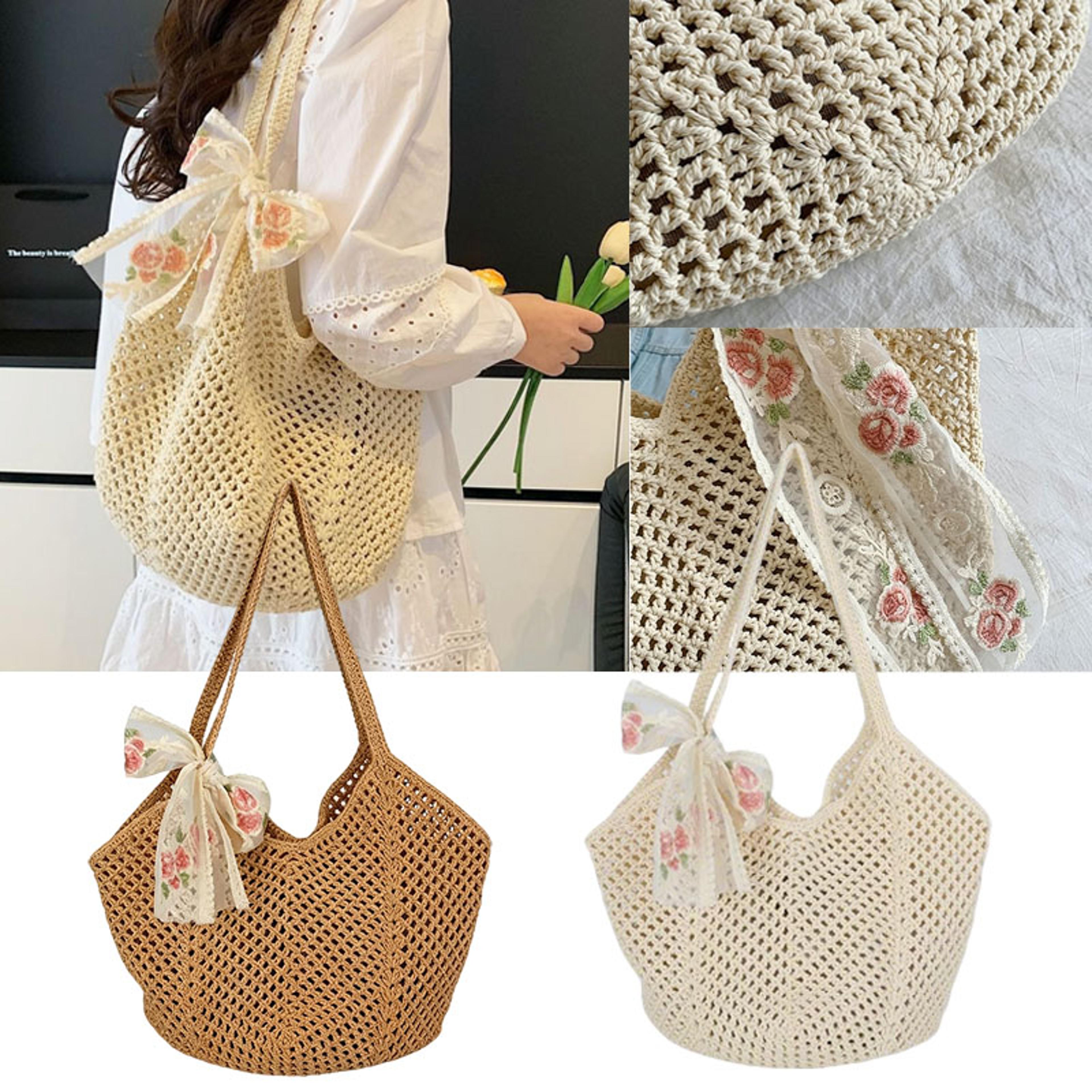 boho floral crochet tote bag – hollow out woven summer beach handbag