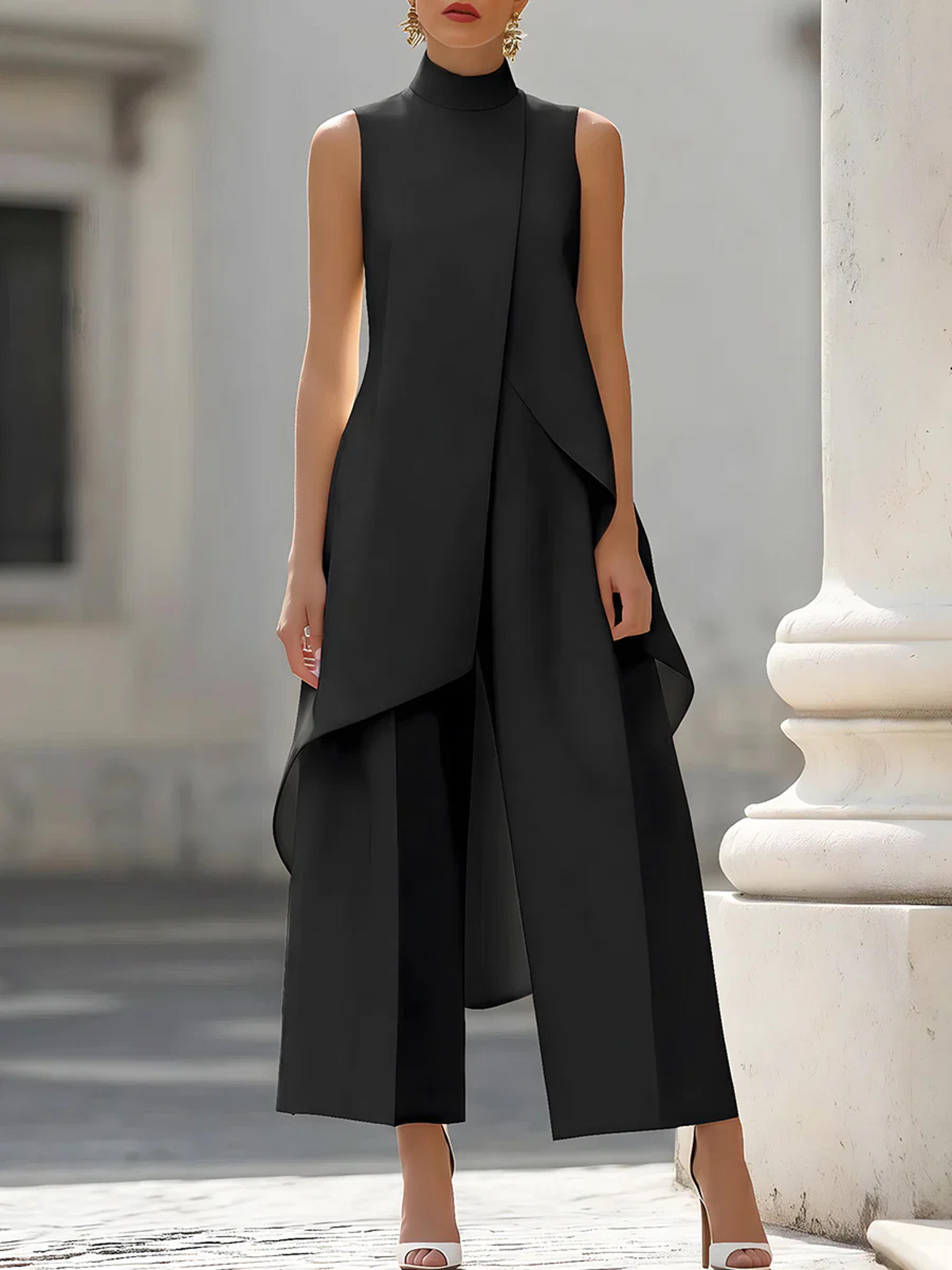 elegant high neck asymmetrical layered wide leg jumpsuit for women