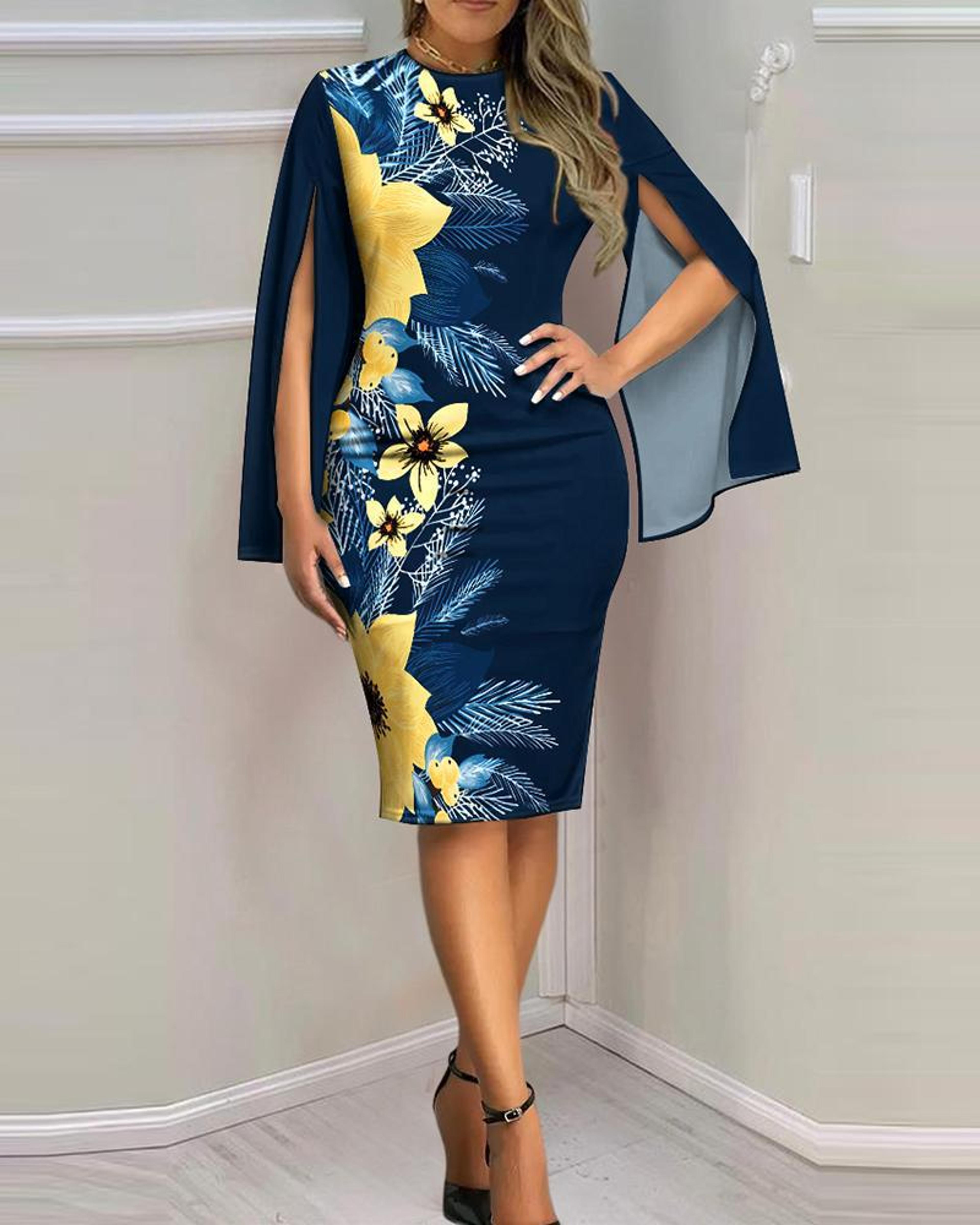 elegant womens v neck bodycon midi dress with cape sleeves