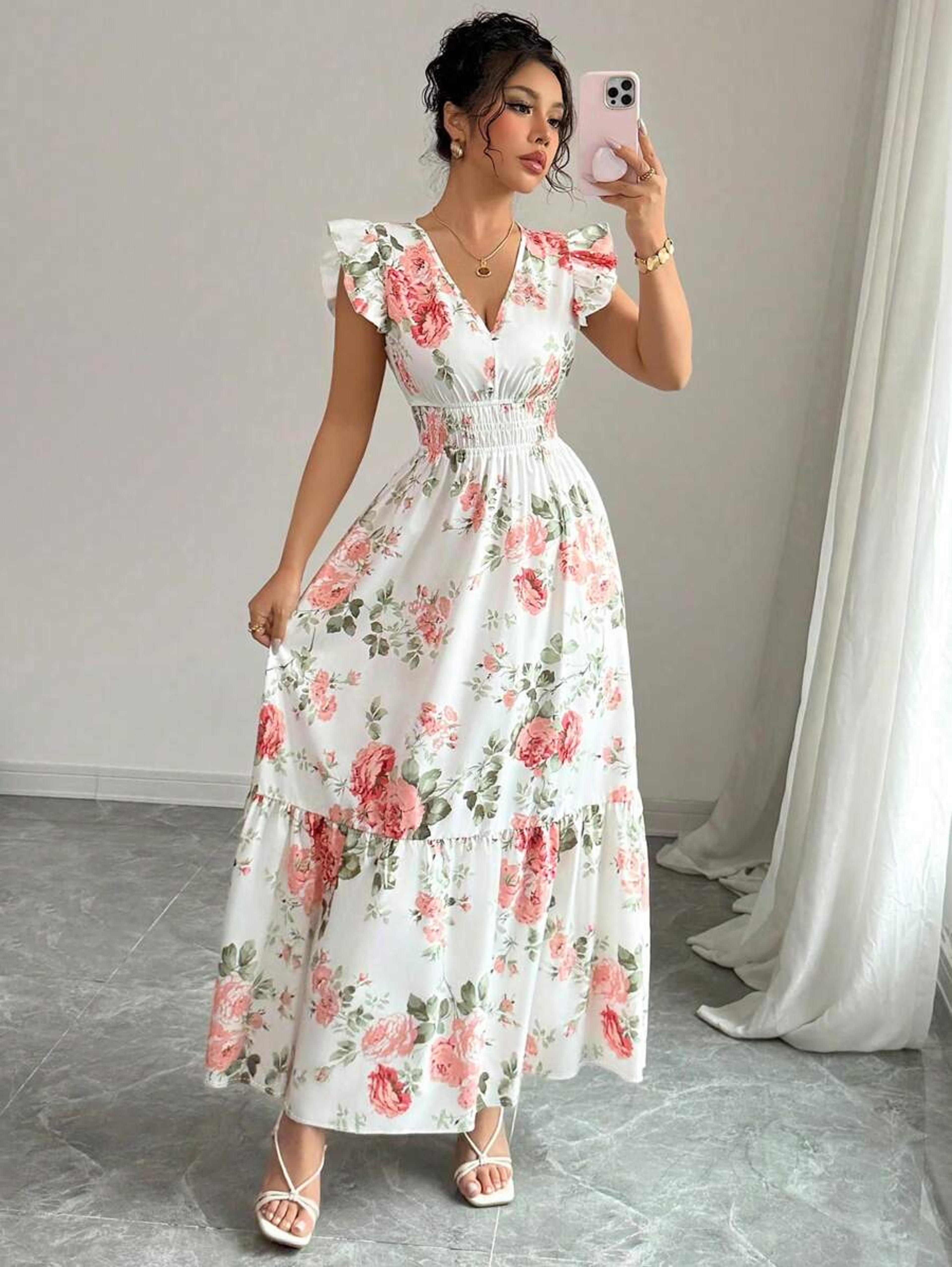 romantic floral print summer dress elegant minimalist casual maxi skirt for women