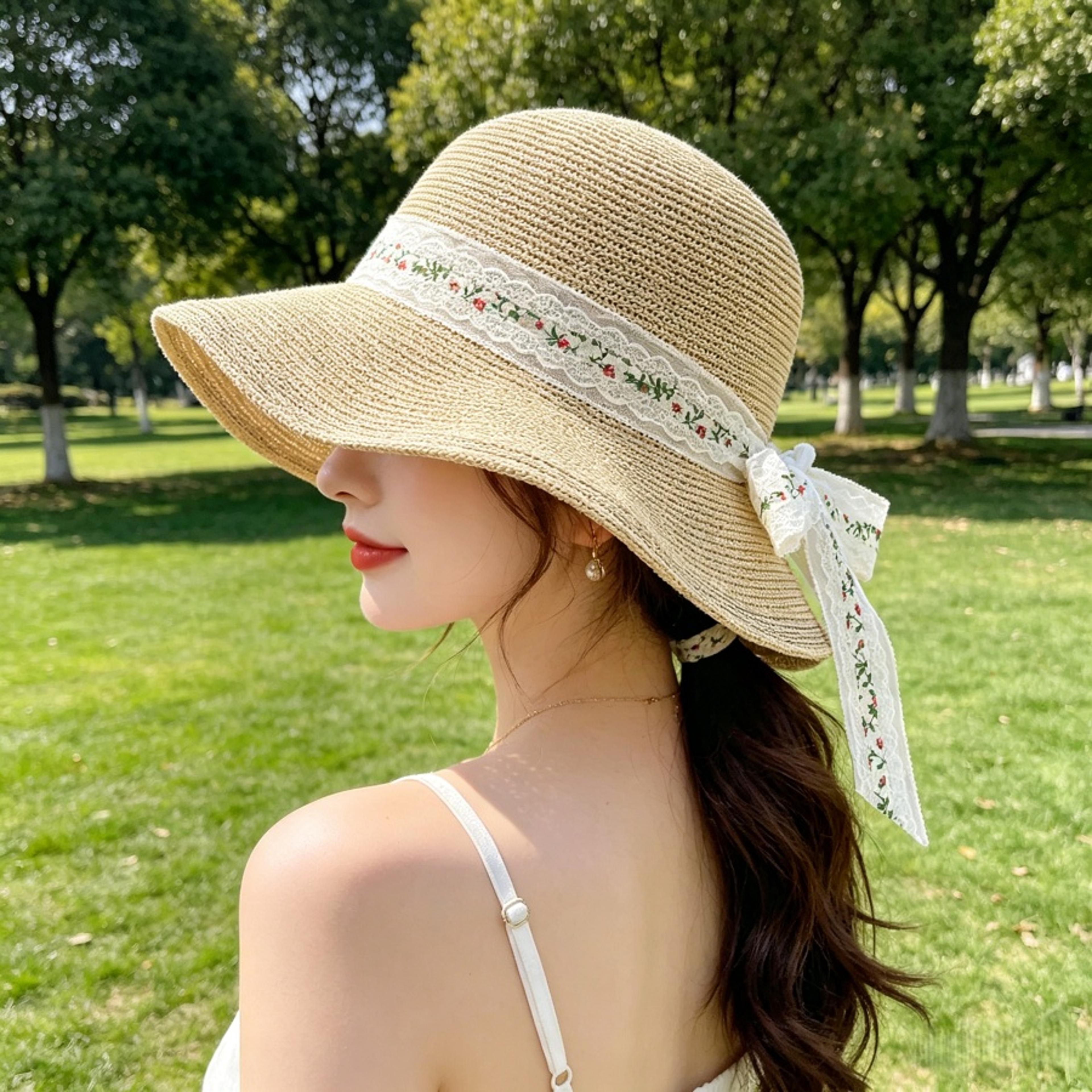 foldable wide brim straw sun hat with floral lace ribbon bow