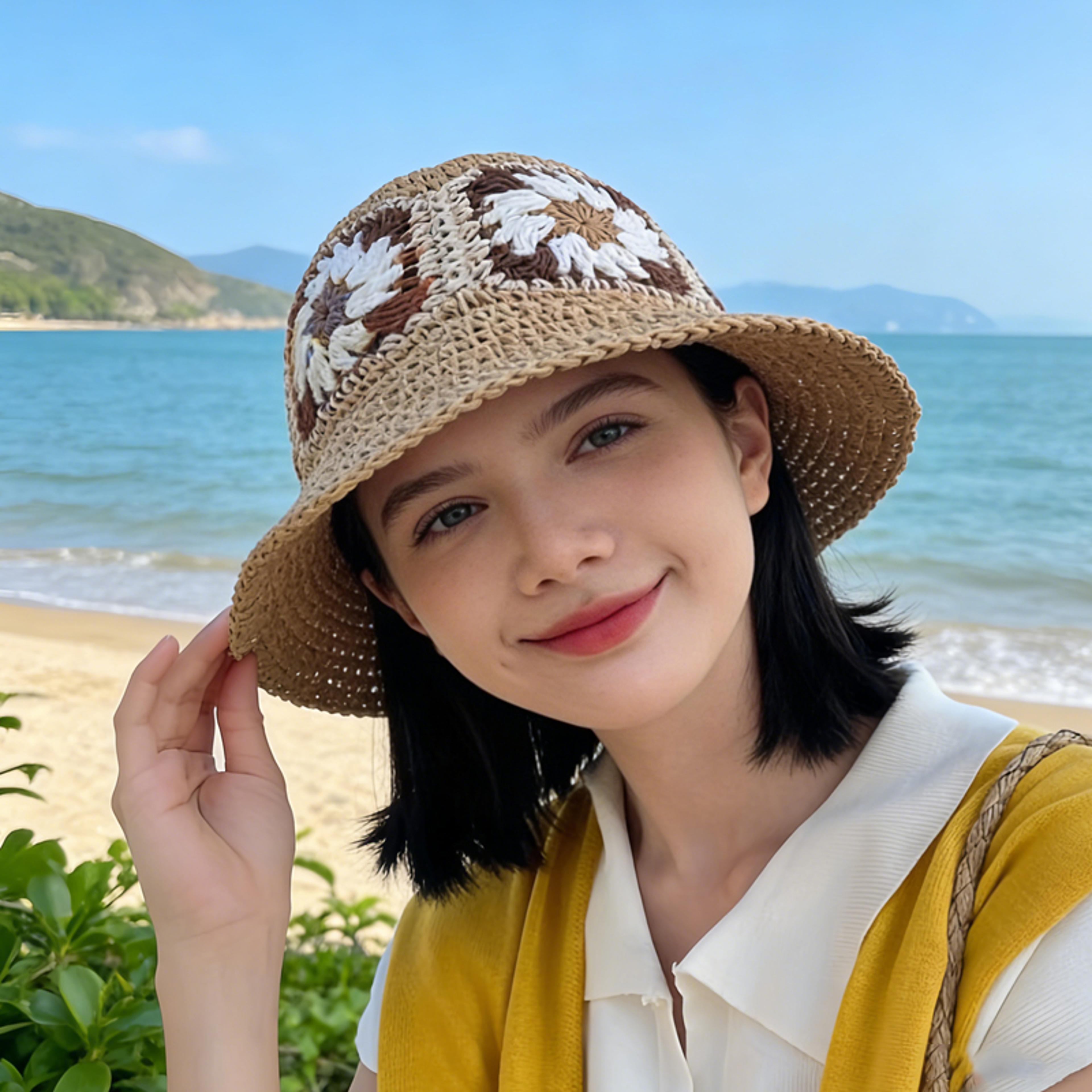 bohemia flower straw sun hat foldable beach vacation cap