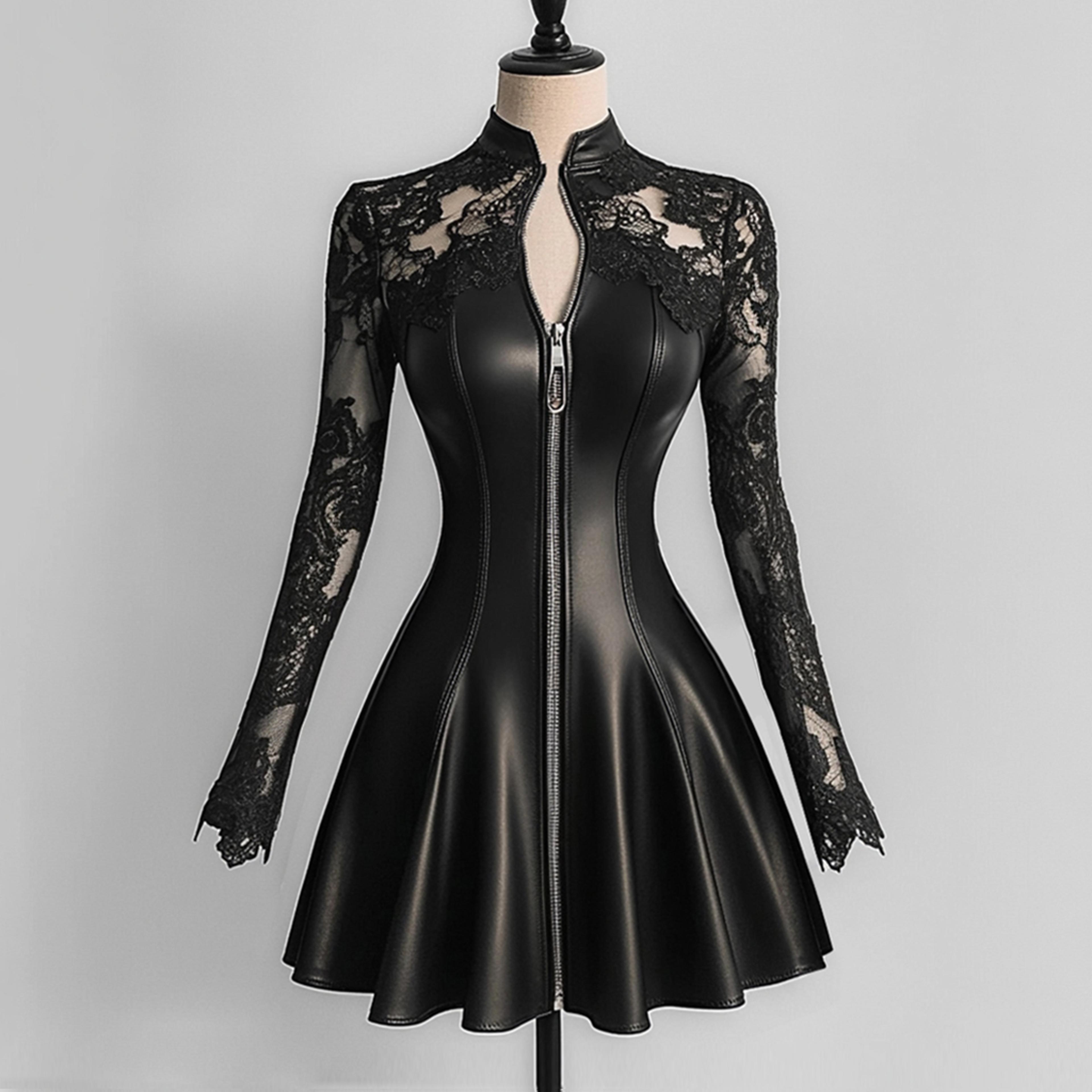 lace patchwork faux leather mini dress