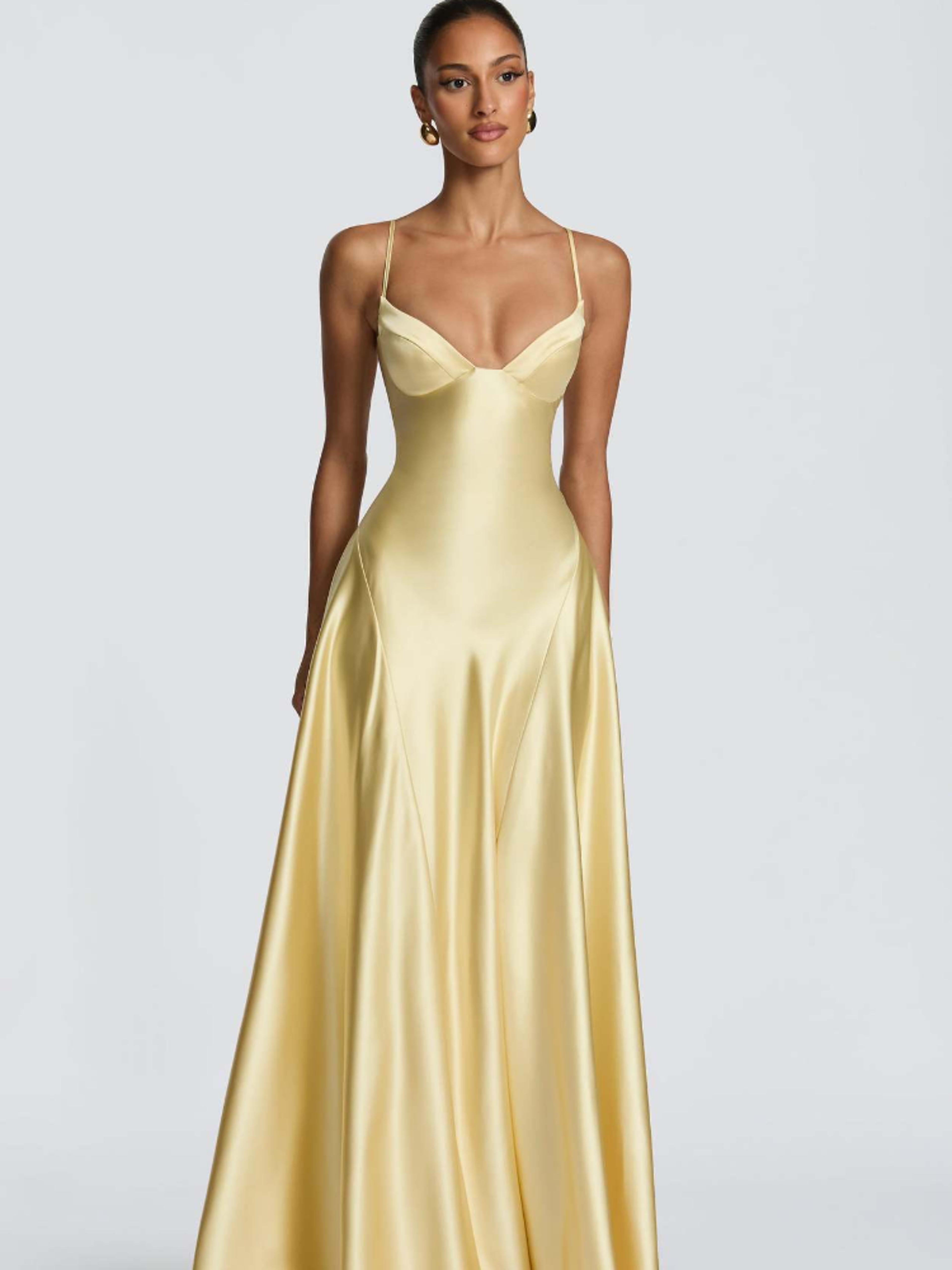 aura satin bustier maxi dress – elegant yellow a-line formal gown