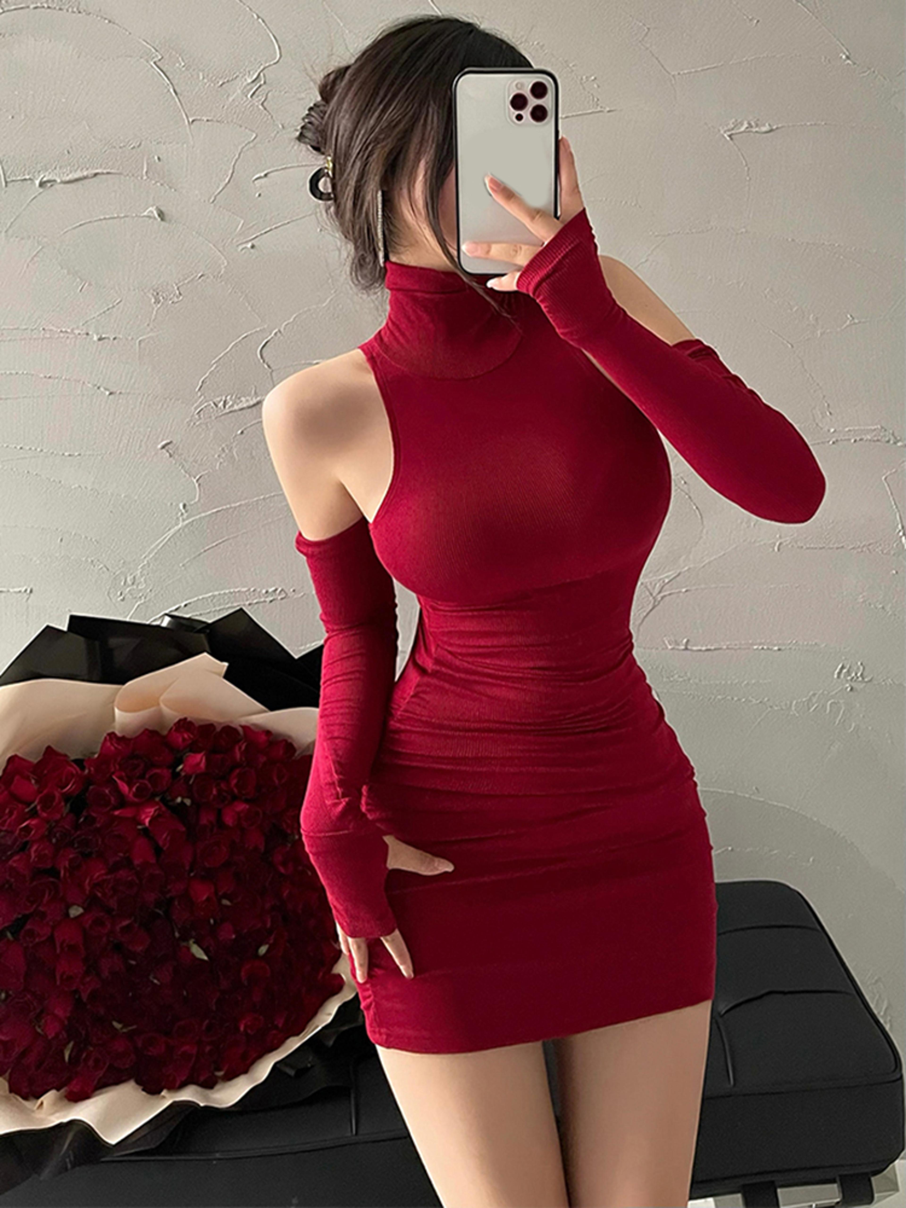 audrey high neck sleeveless pleated bodycon mini dress