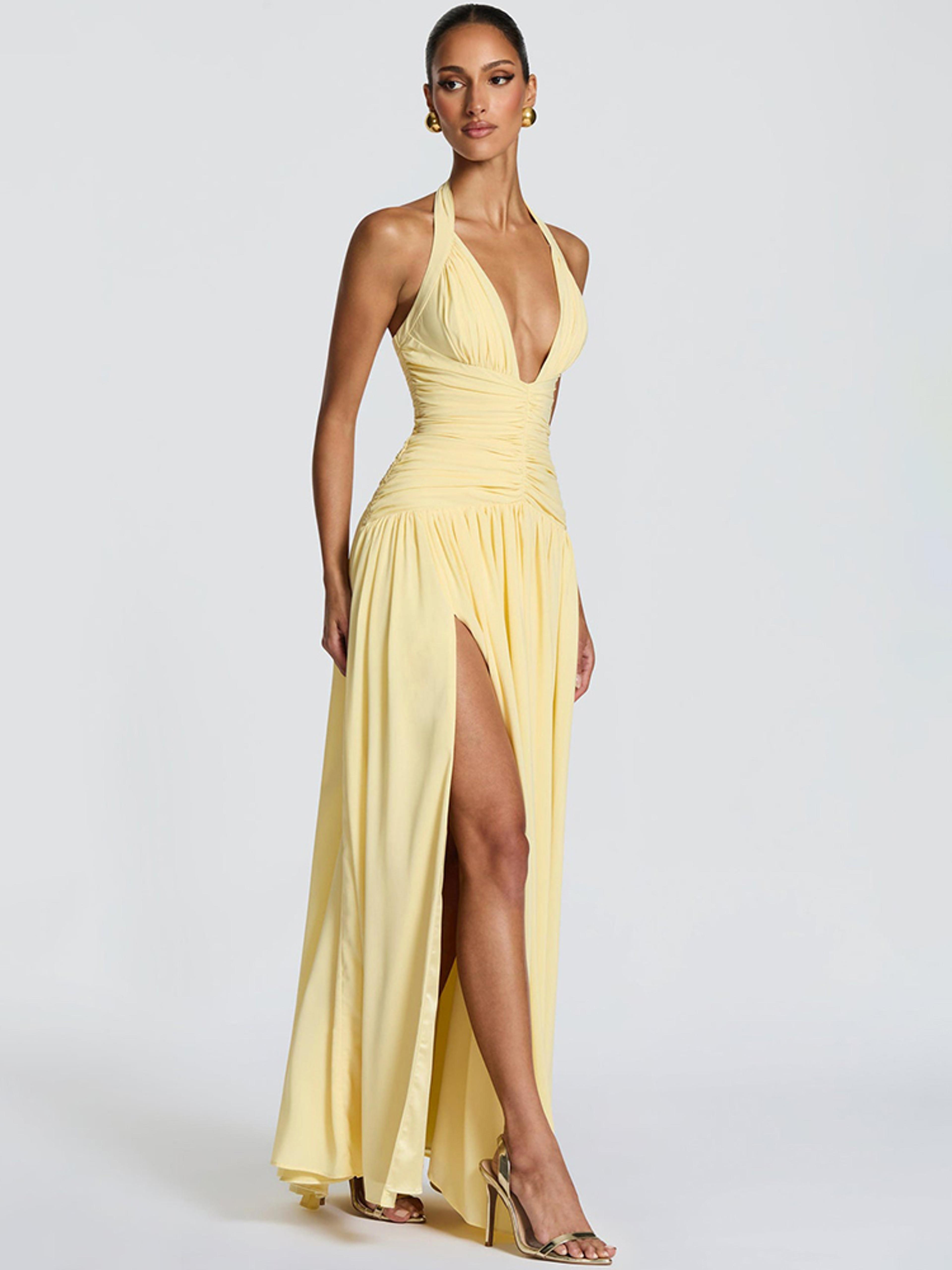 mozision halter deep v neck elegant maxi dress with high split