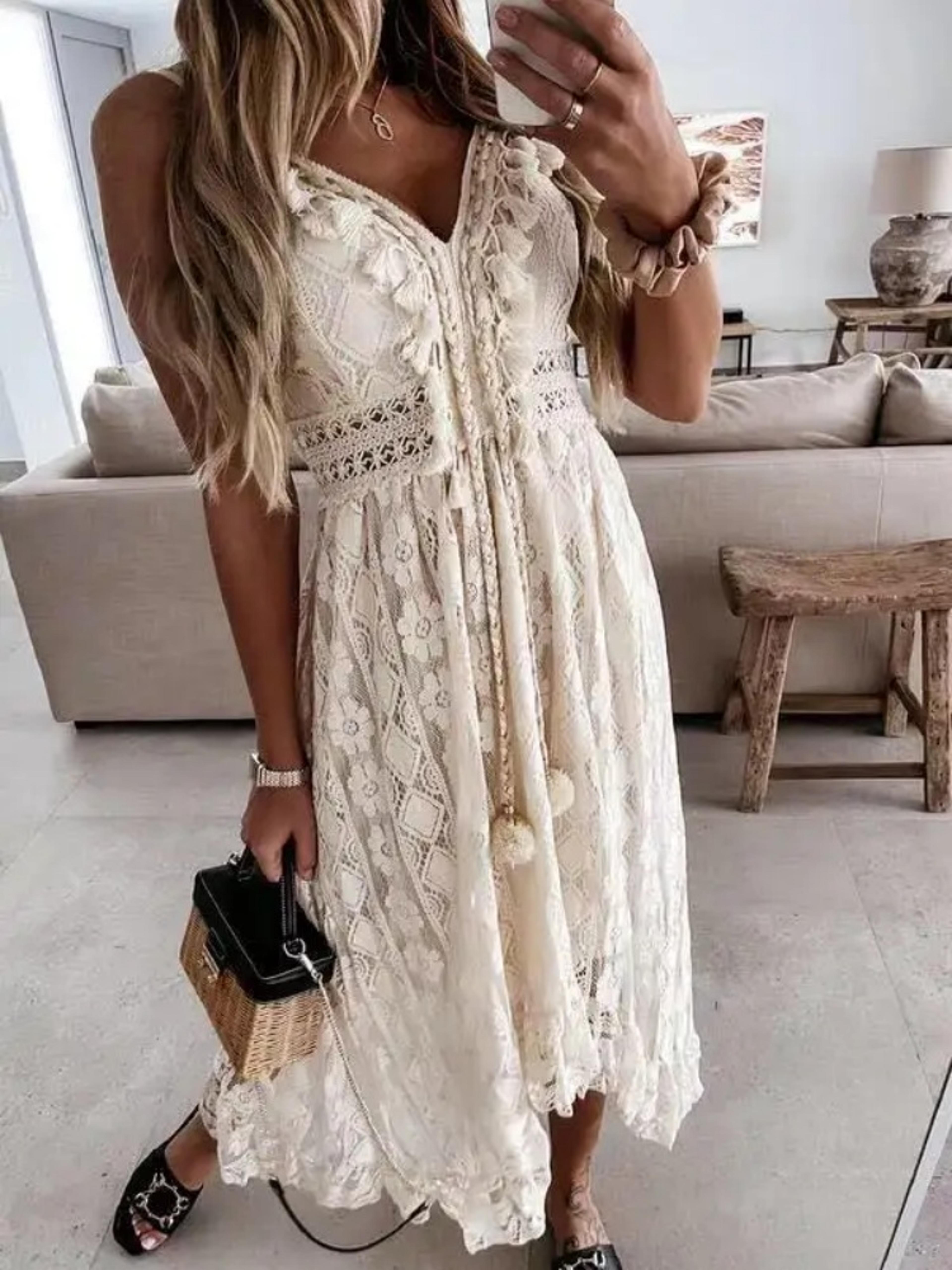 boho lace v neck summer vacation long dress