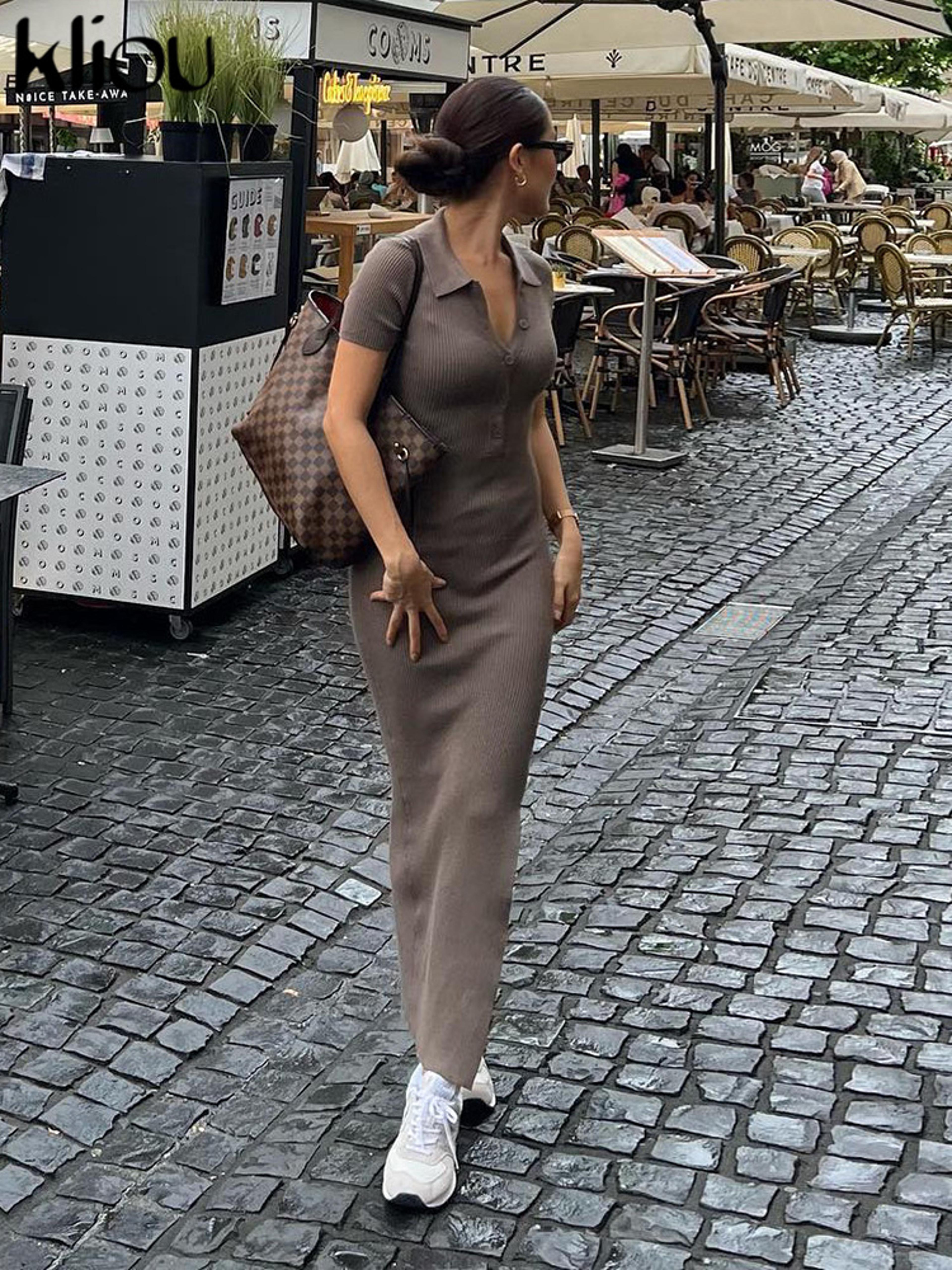 kliou button side slit maxi dress with turn down collar
