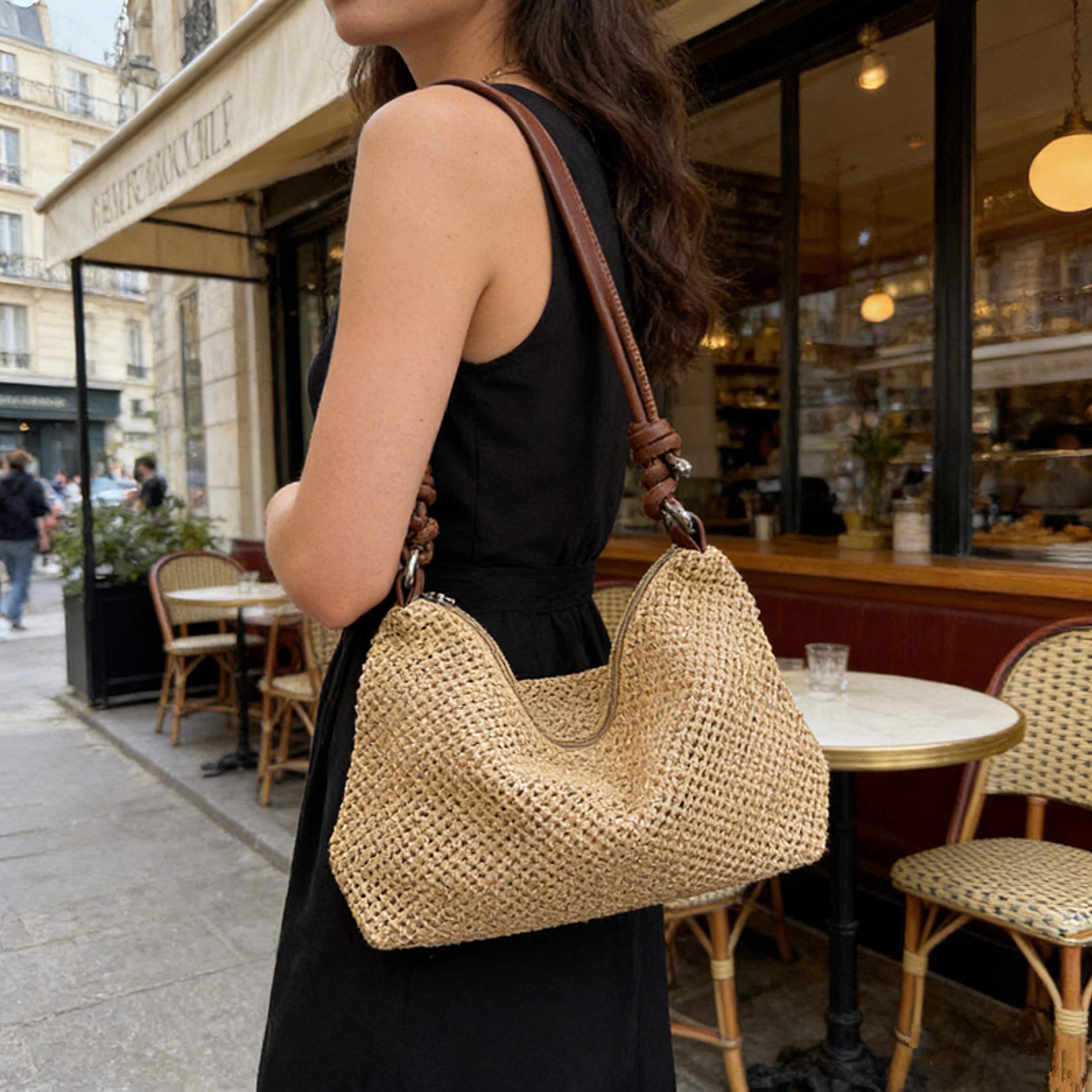 chic straw woven shoulder bag with knotted leather handles – summer beach tote and crossbody bag for women