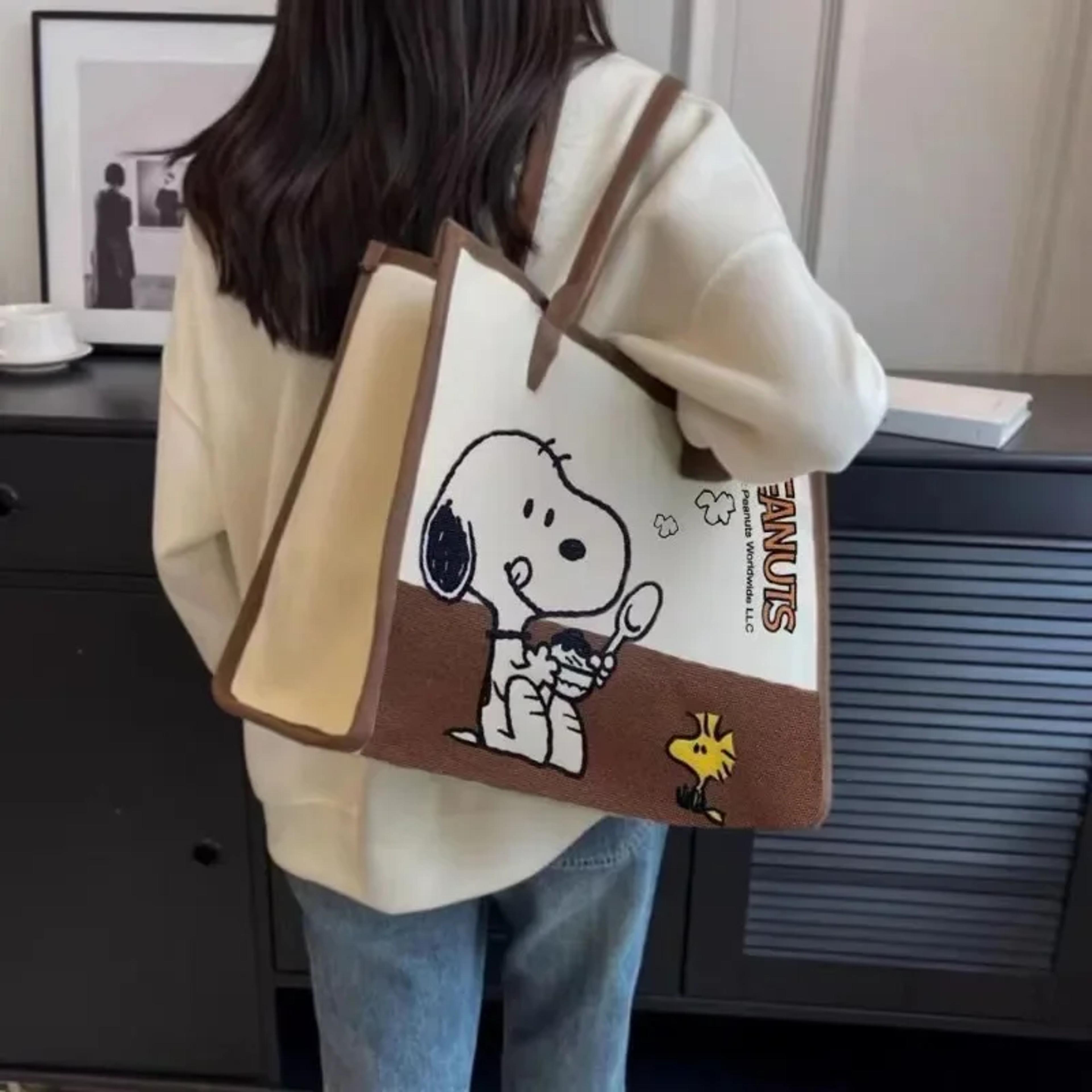 snoopy and woodstock large canvas tote bag cute large capacity shoulder commuter bag for students and travel