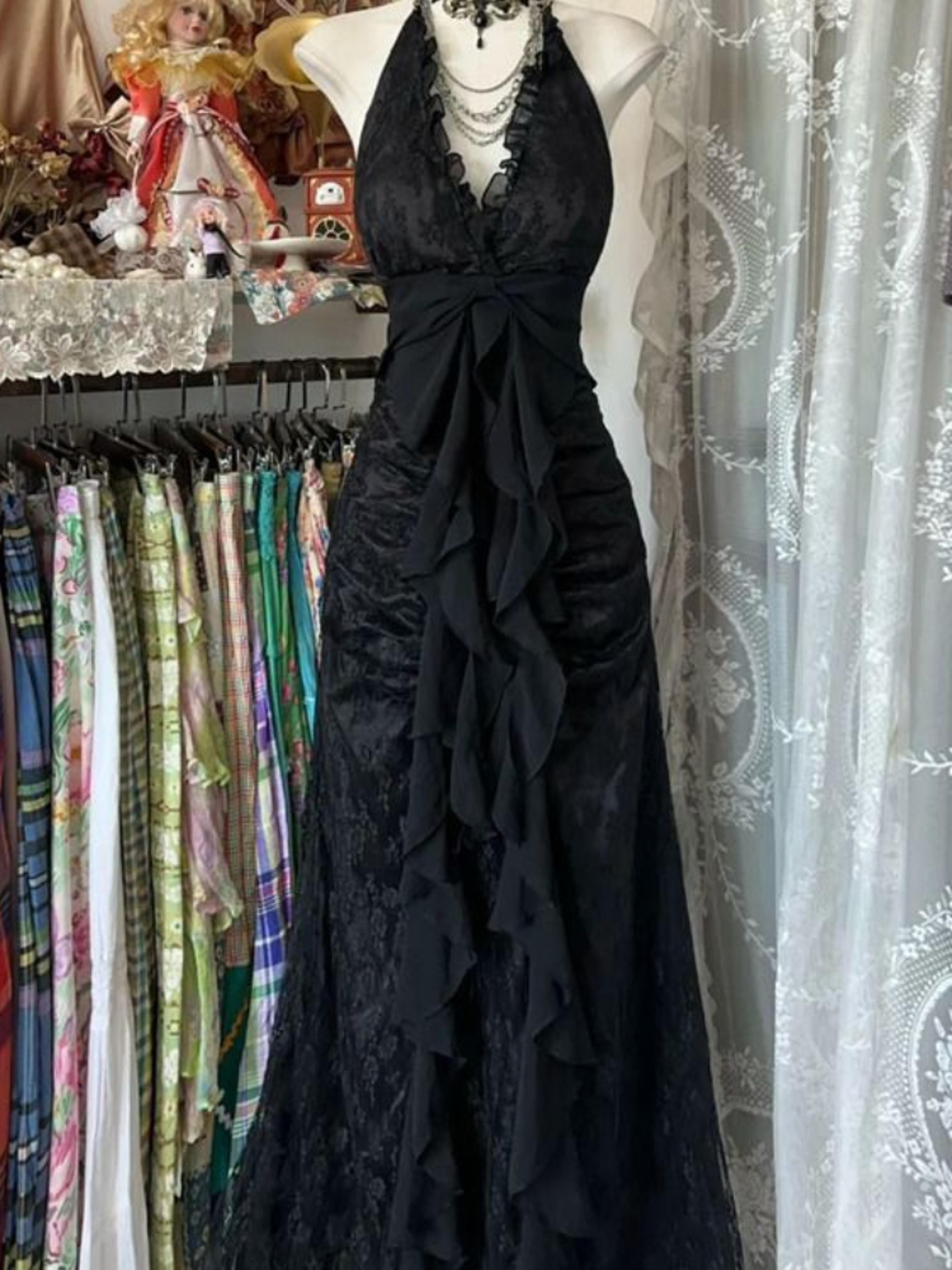 french vintage gothic black slash neck slim sleeveless dress