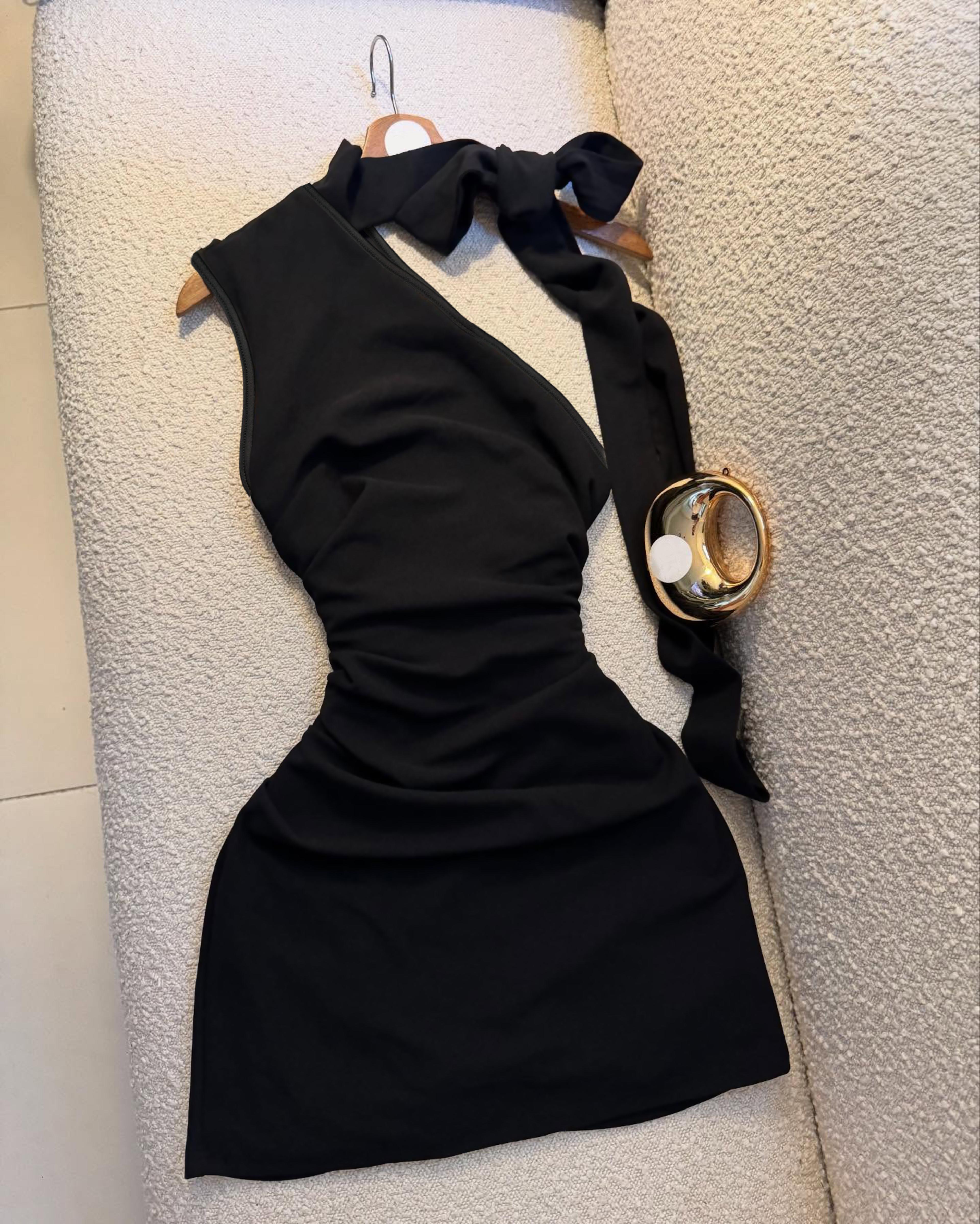 elegance one shoulder bow halter mini dress chic pleated fitted little black dress