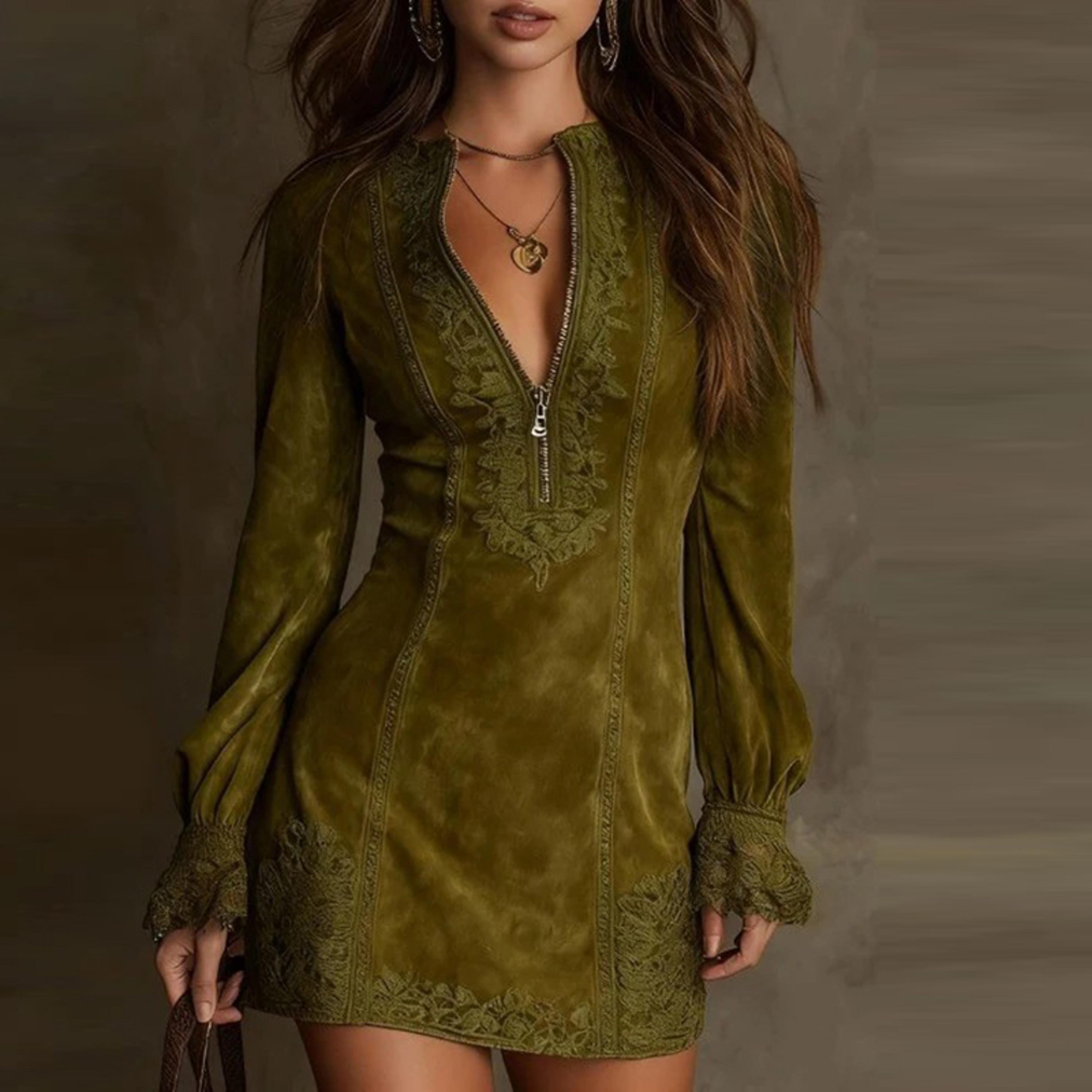 elegant v neck embroidered long sleeve mini dress for cocktail party