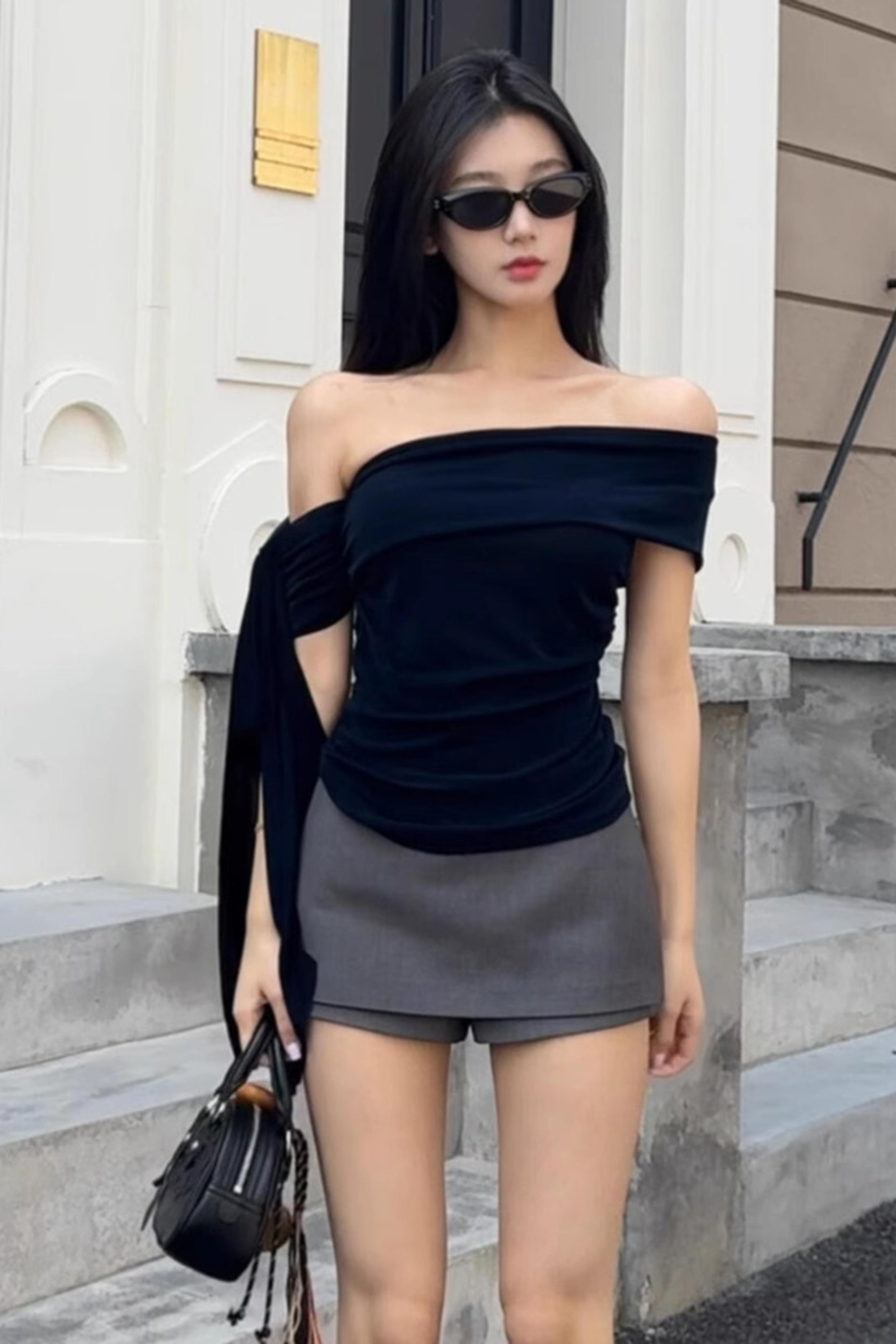 aura asymmetric off-shoulder slim fit summer top