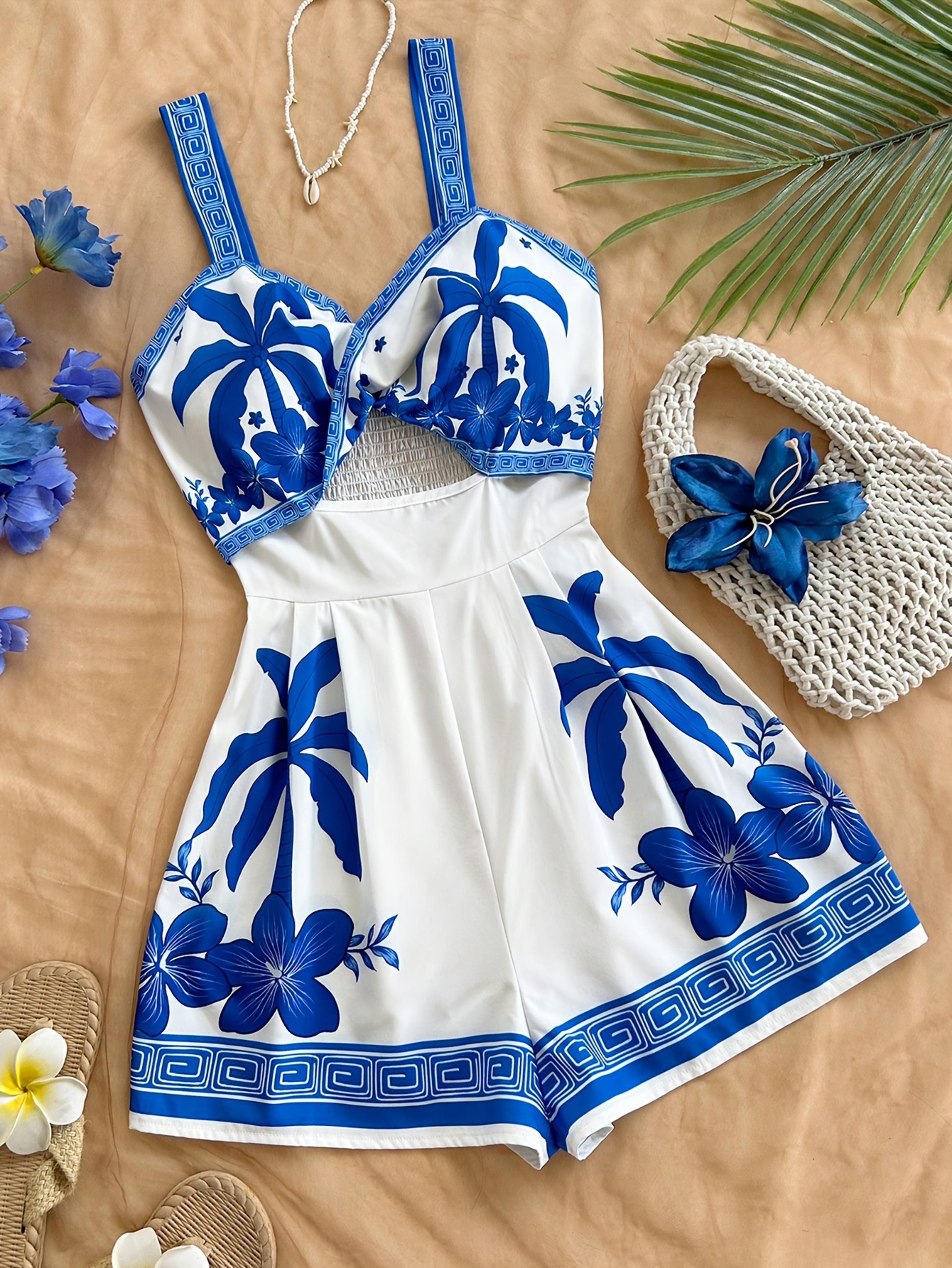 tropical escape palm tree print cut out jumpsuit – chic summer vacation one piece set