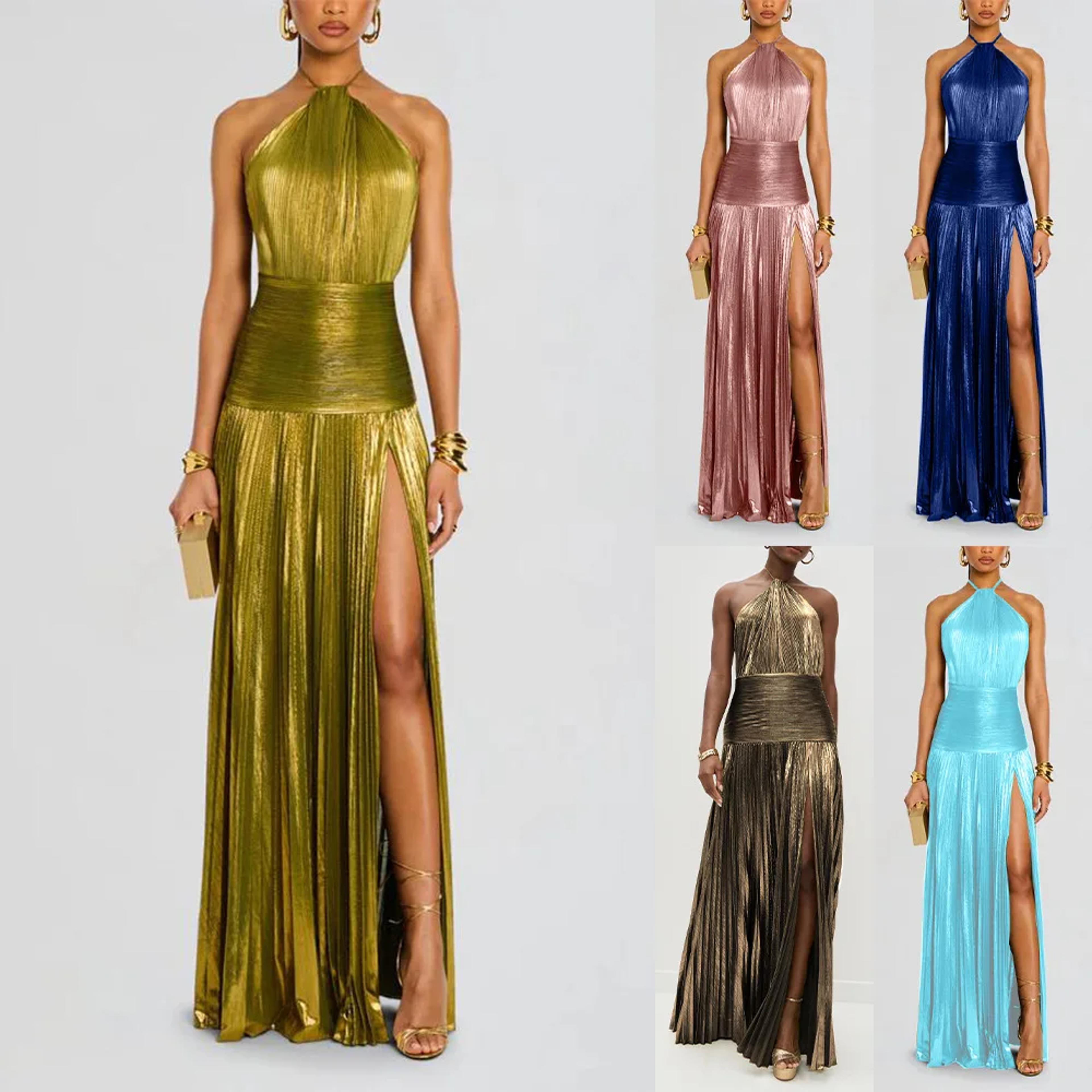 gold halter neck evening dress backless pleated slit party gown