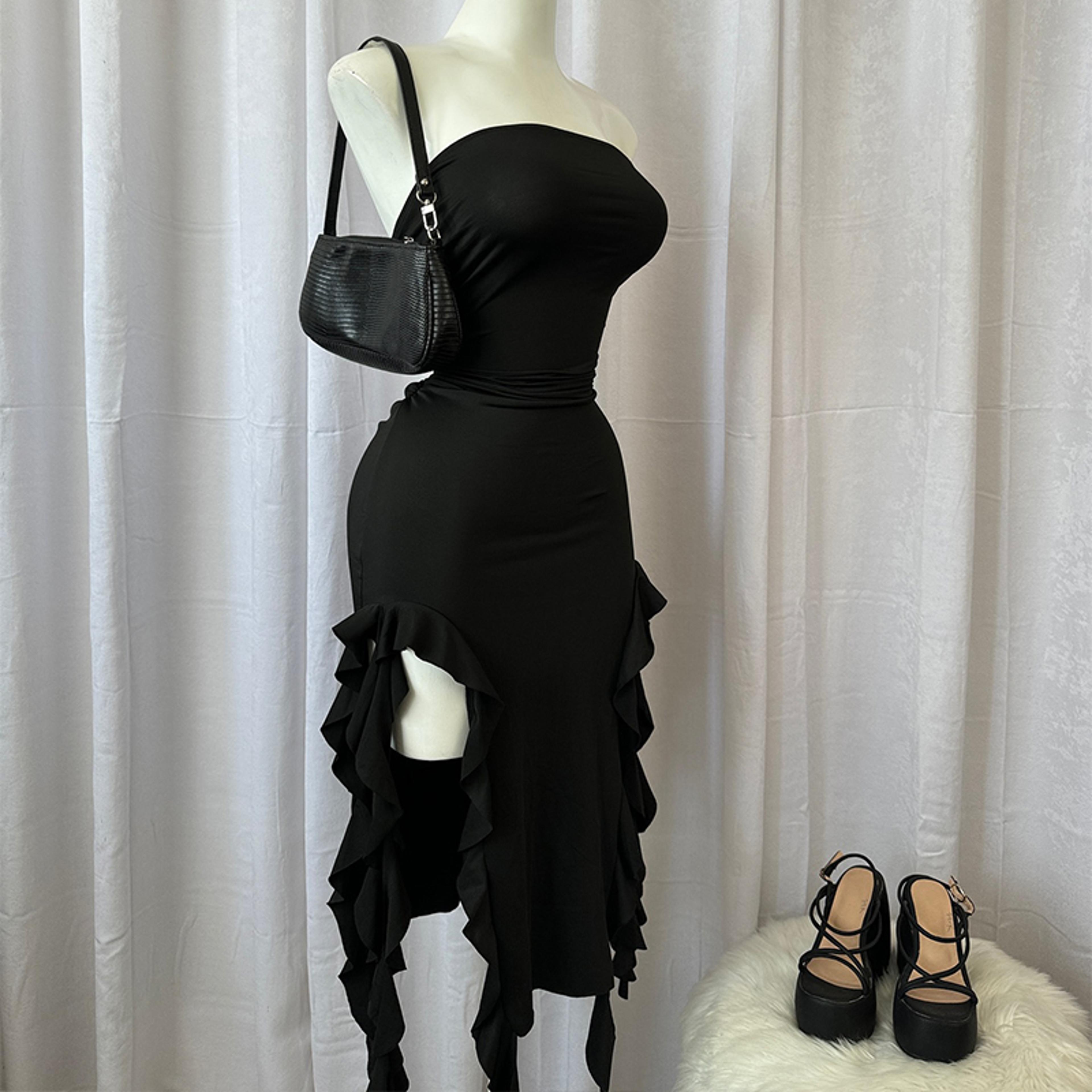 strapless backless mini party dress with high slit and fold hemline