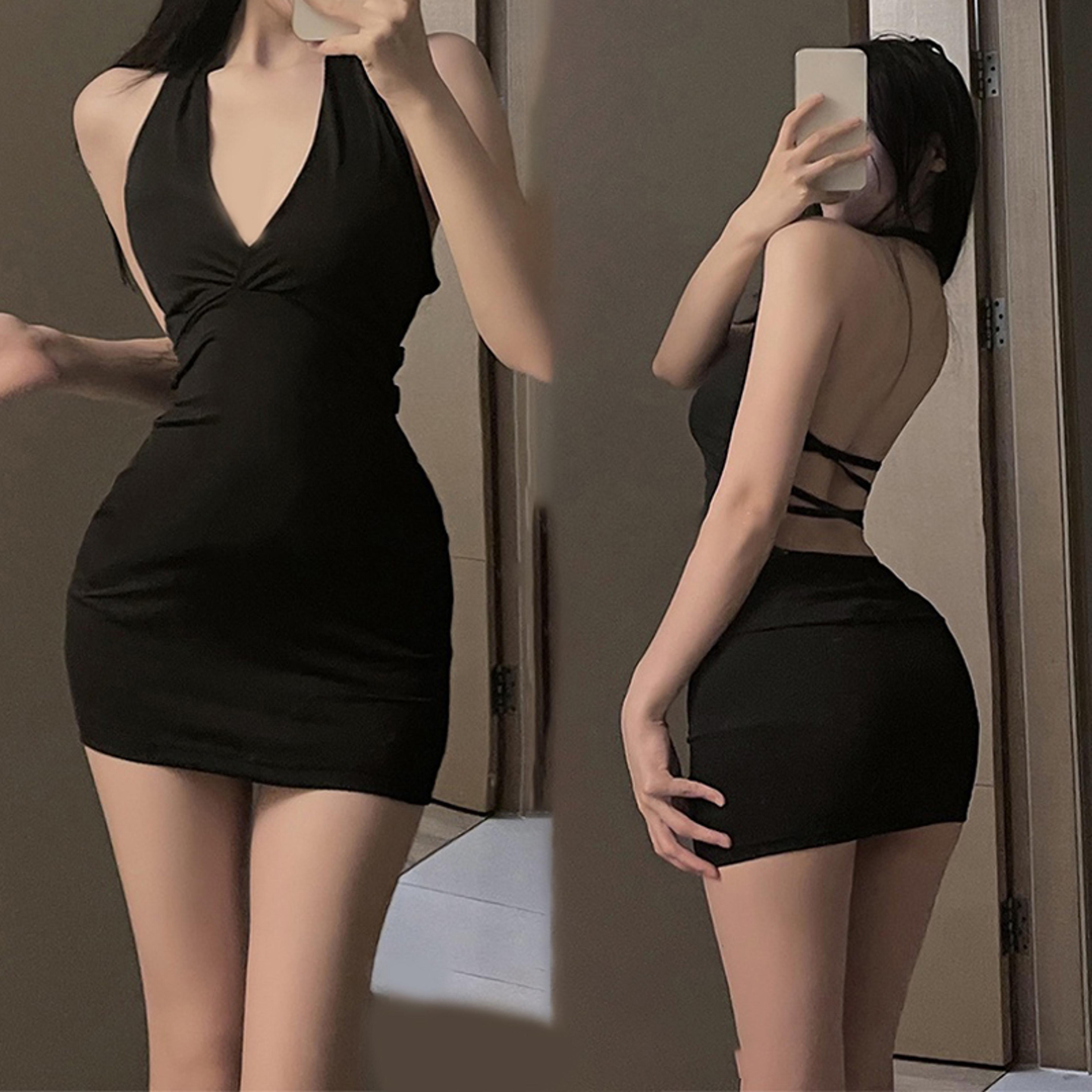 seductive v neck backless mini dress - slim fit erotic party uniform