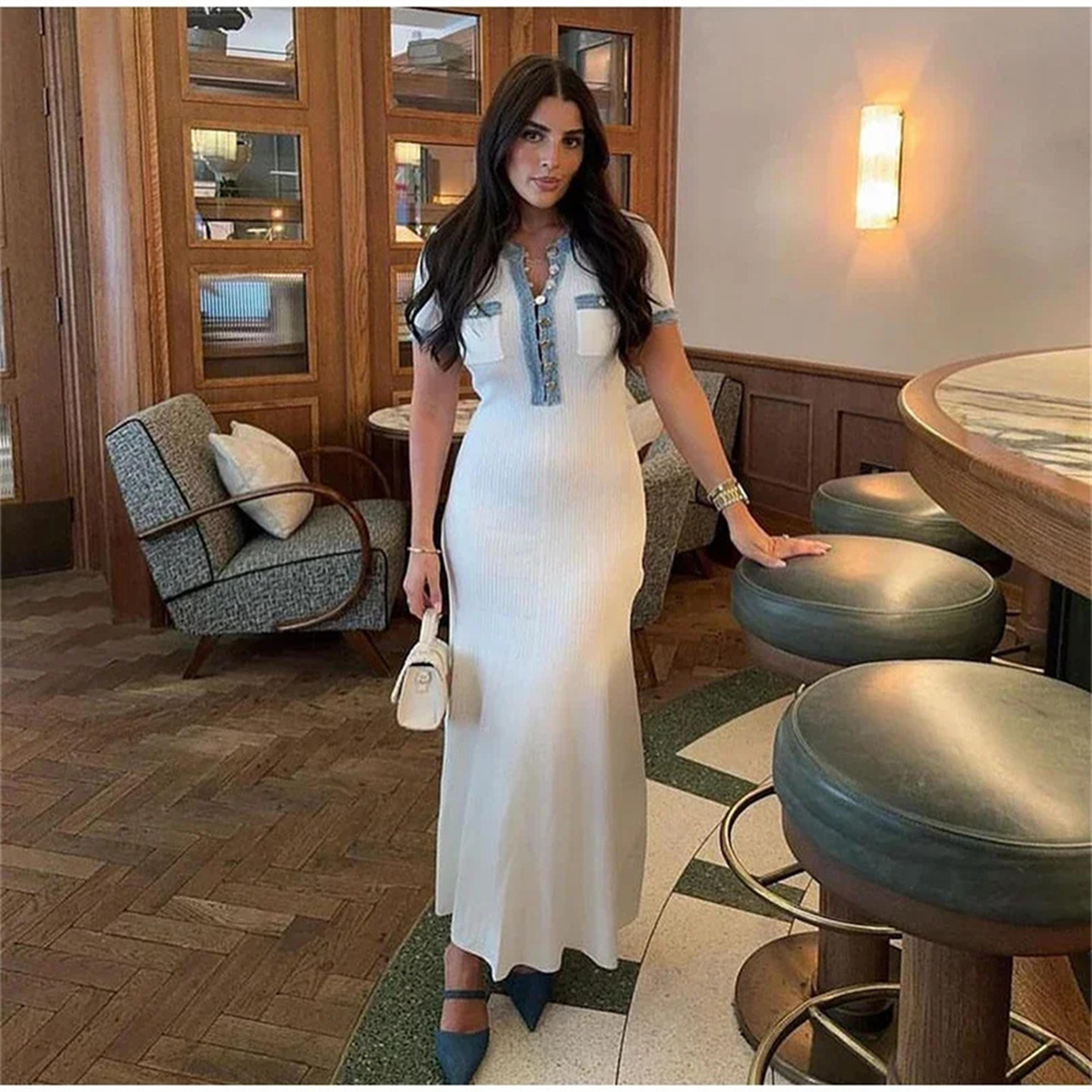 chic contrasting knit maxi dress with metal buttons