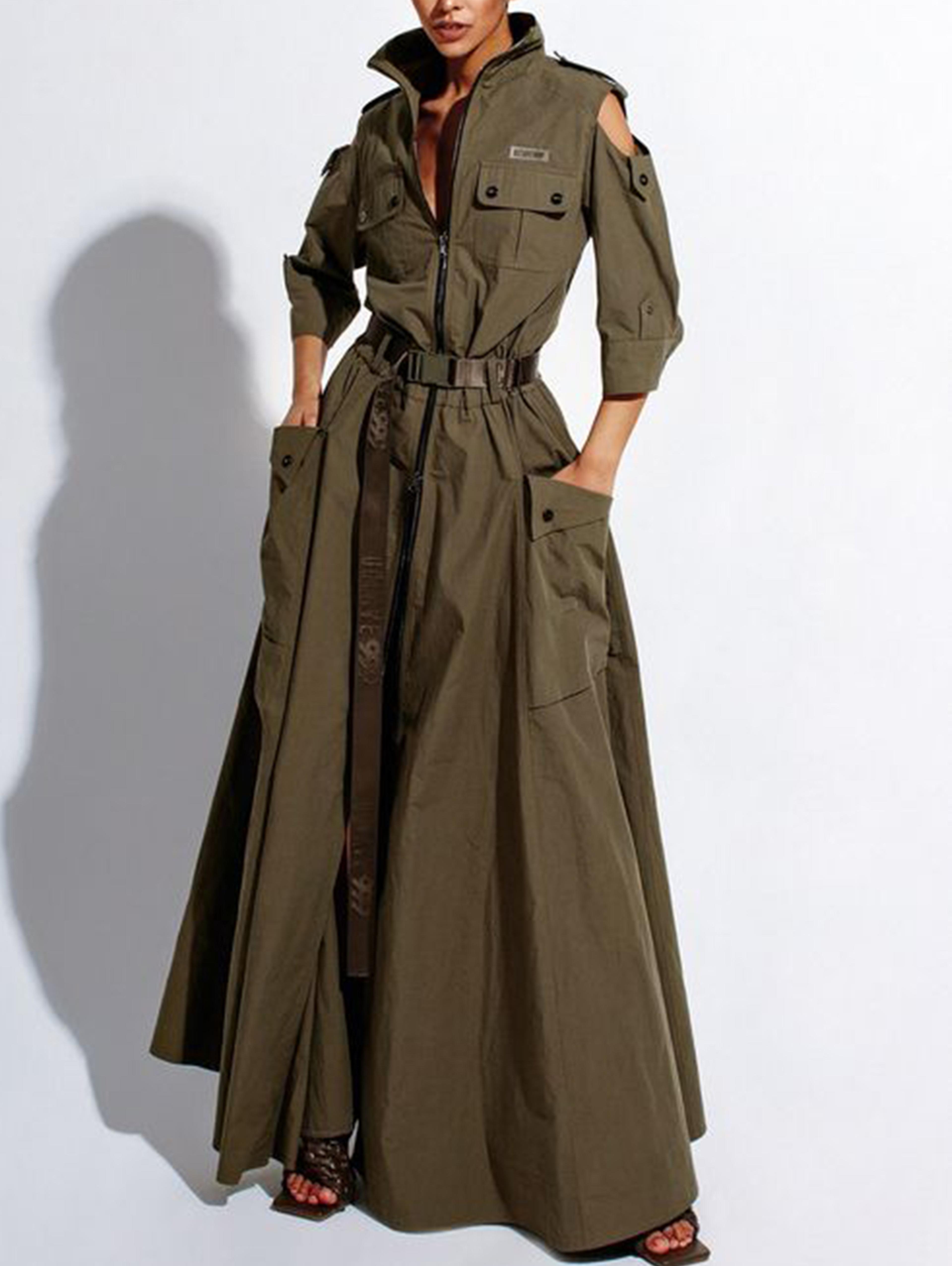 retro cold shoulder maxi dress with pockets and belt