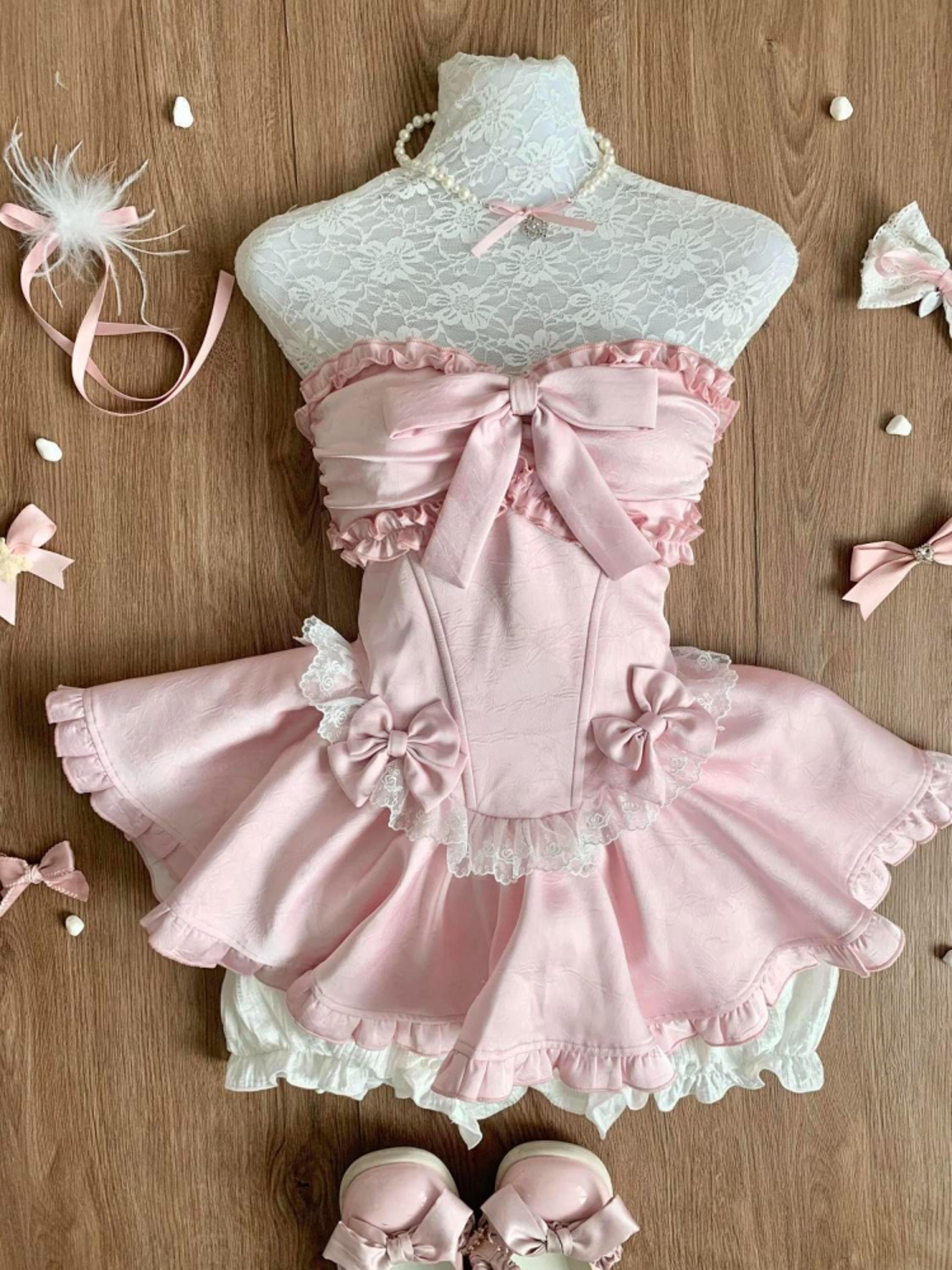kawaii pink lolita bow lace strapless evening dress