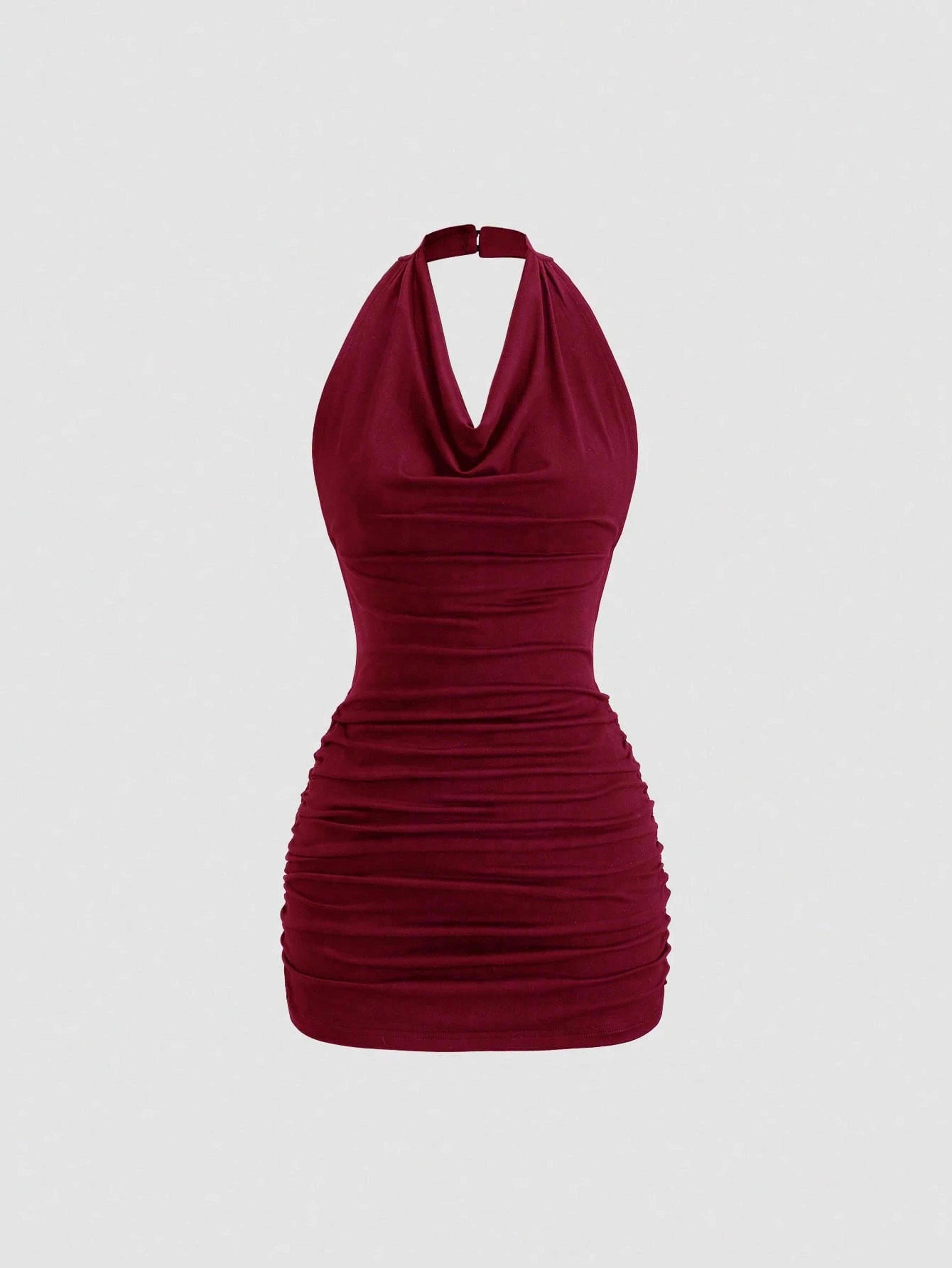 auradrape open back halter mini dress