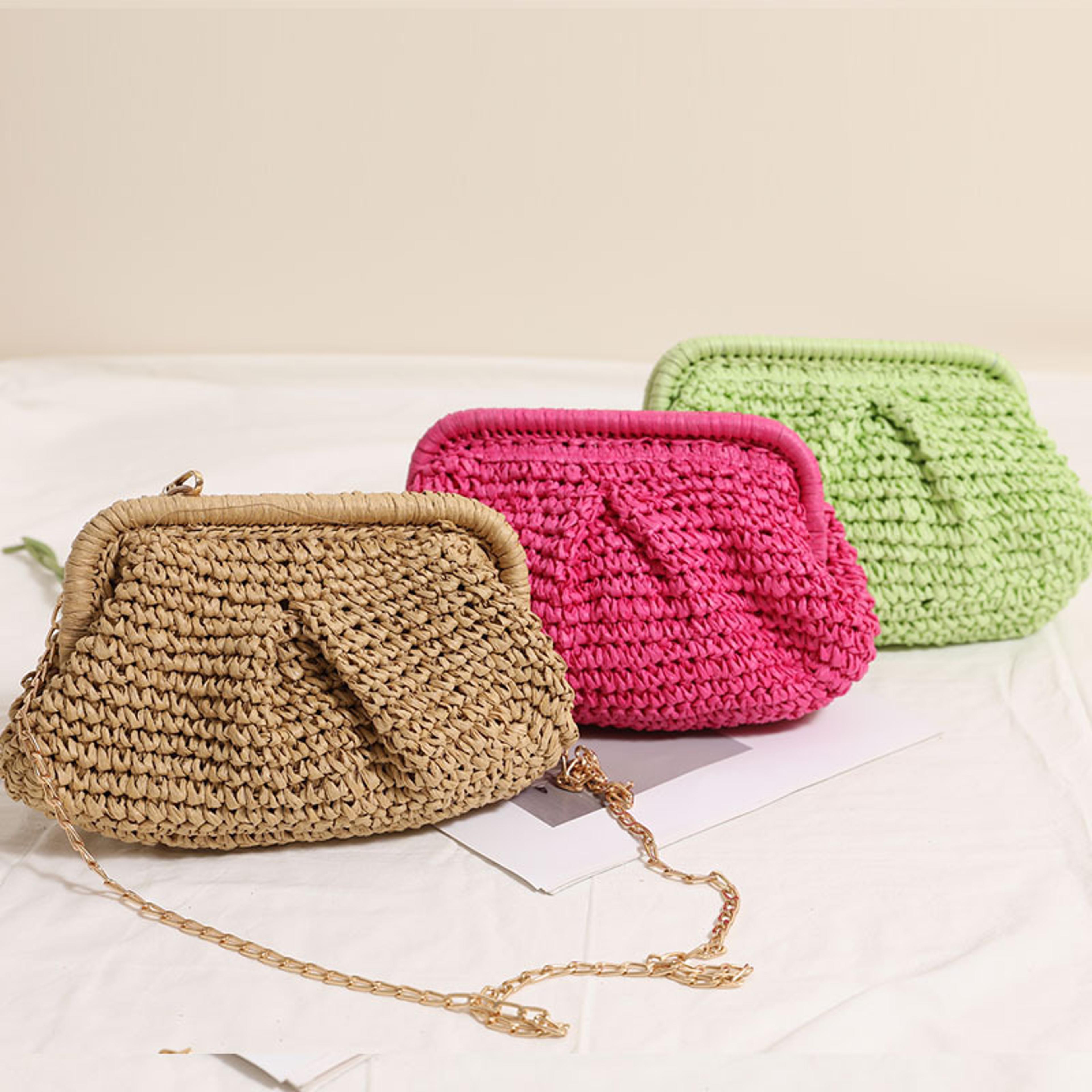 elegant straw woven crossbody bag with chain strap