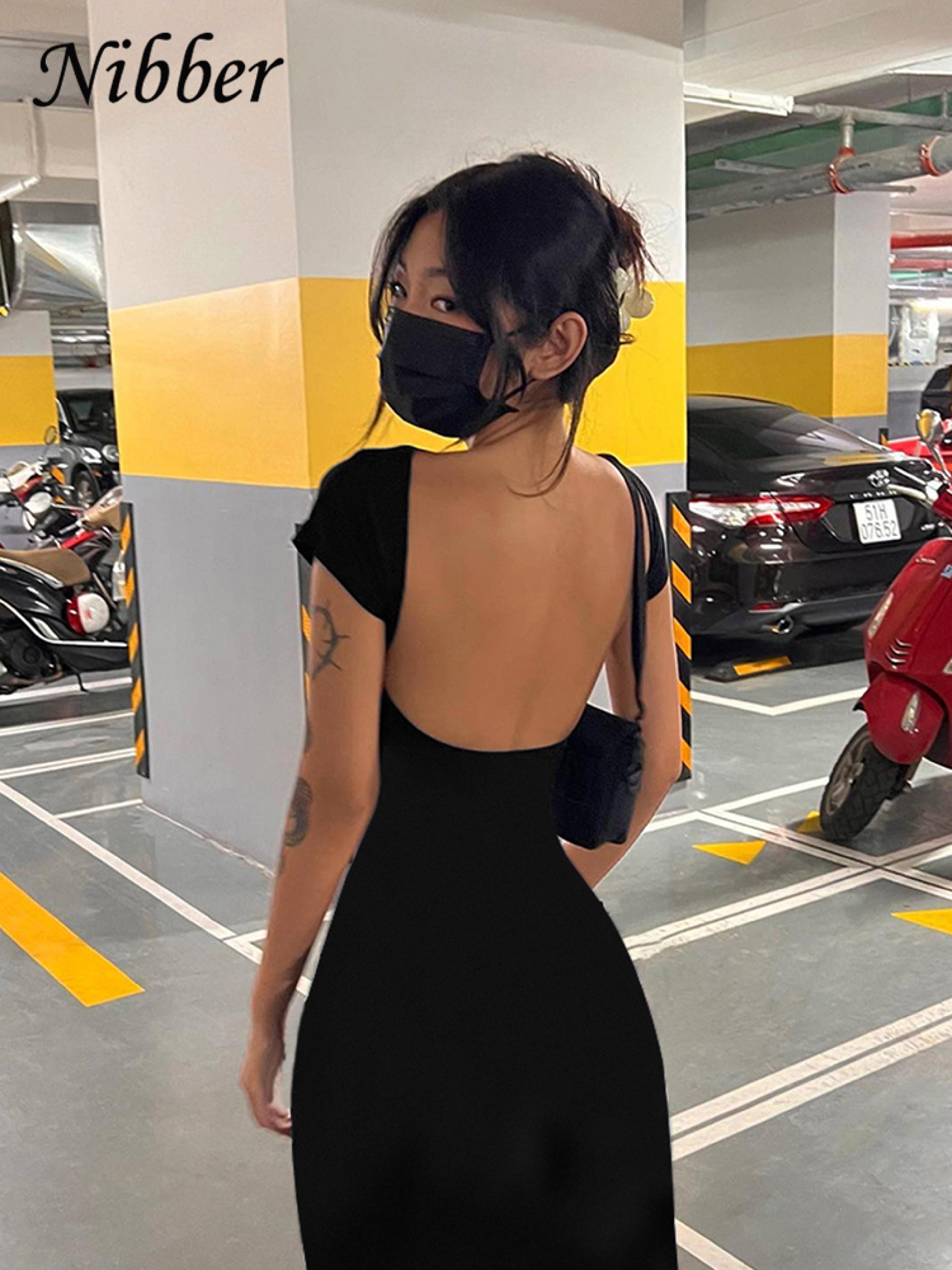 nibber backless maxi dress - elegant short sleeve slim fit bodycon long dress for women