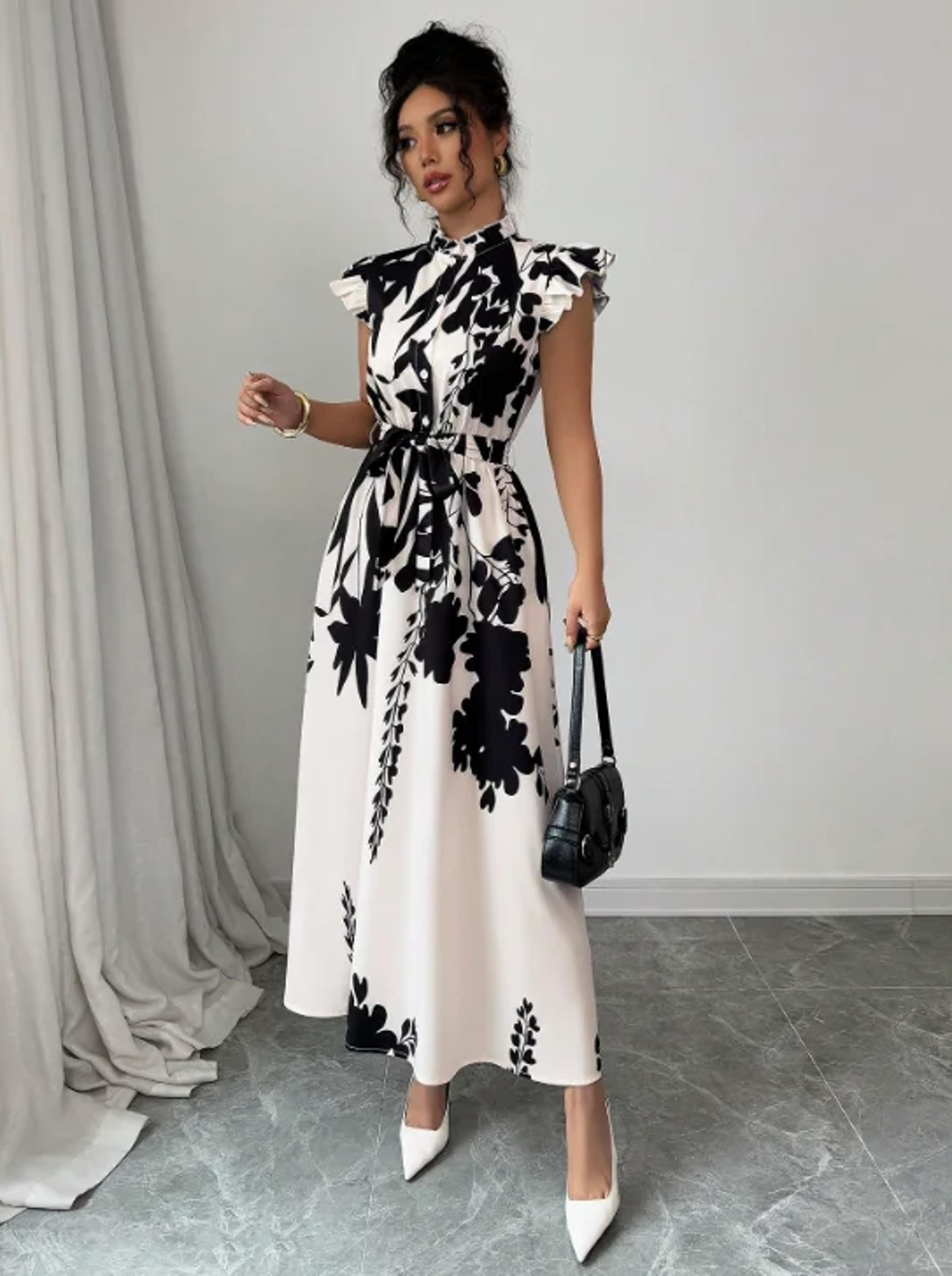 aura monochromatic a-line midi elegant black and white dress for work, date night, and vacation