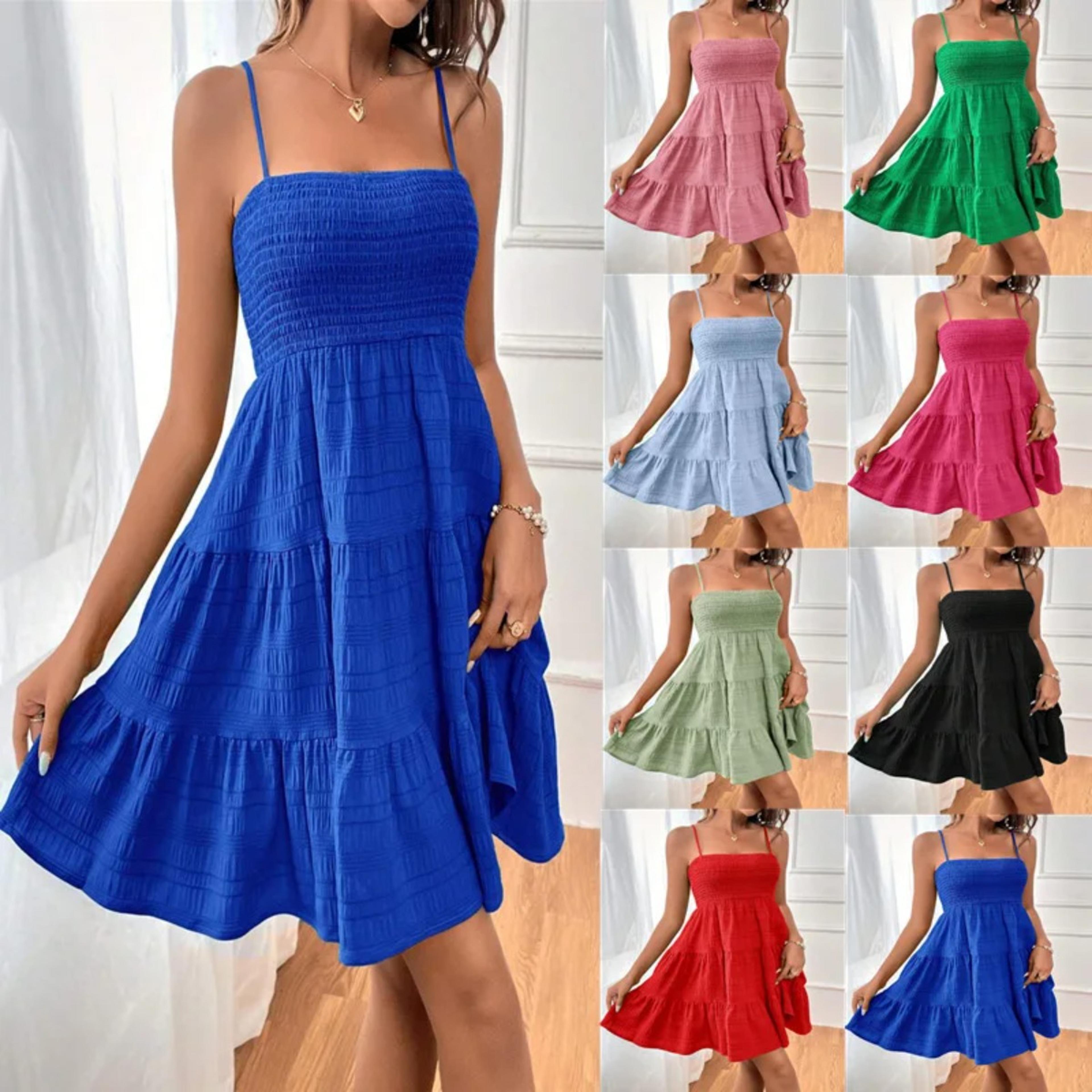 smocked bustier blue ruffled tiered swing dress - summer casual vacation beach mini sundress